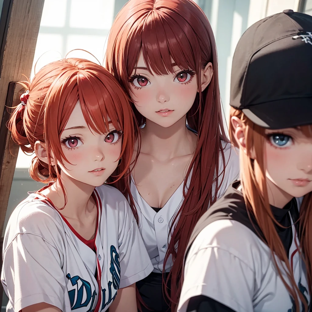 Two beautiful young women, Anime Style, Detailed face, Redhead, Red eyes, Delicate features, Soft lighting, Wearing a baseball manager's uniform, Person holding a clipboard and a whistle, The other one has a water bottle, Standing by the baseball field, Bright and supportive expressions, sunny day, A baseball team is practicing in the background., Dynamic pose, Japanese Anime Style, high quality, Very detailed, 8K resolution, Cinema Lighting, 最high quality, Vibrant colors, Instagrammable, beautiful, trend