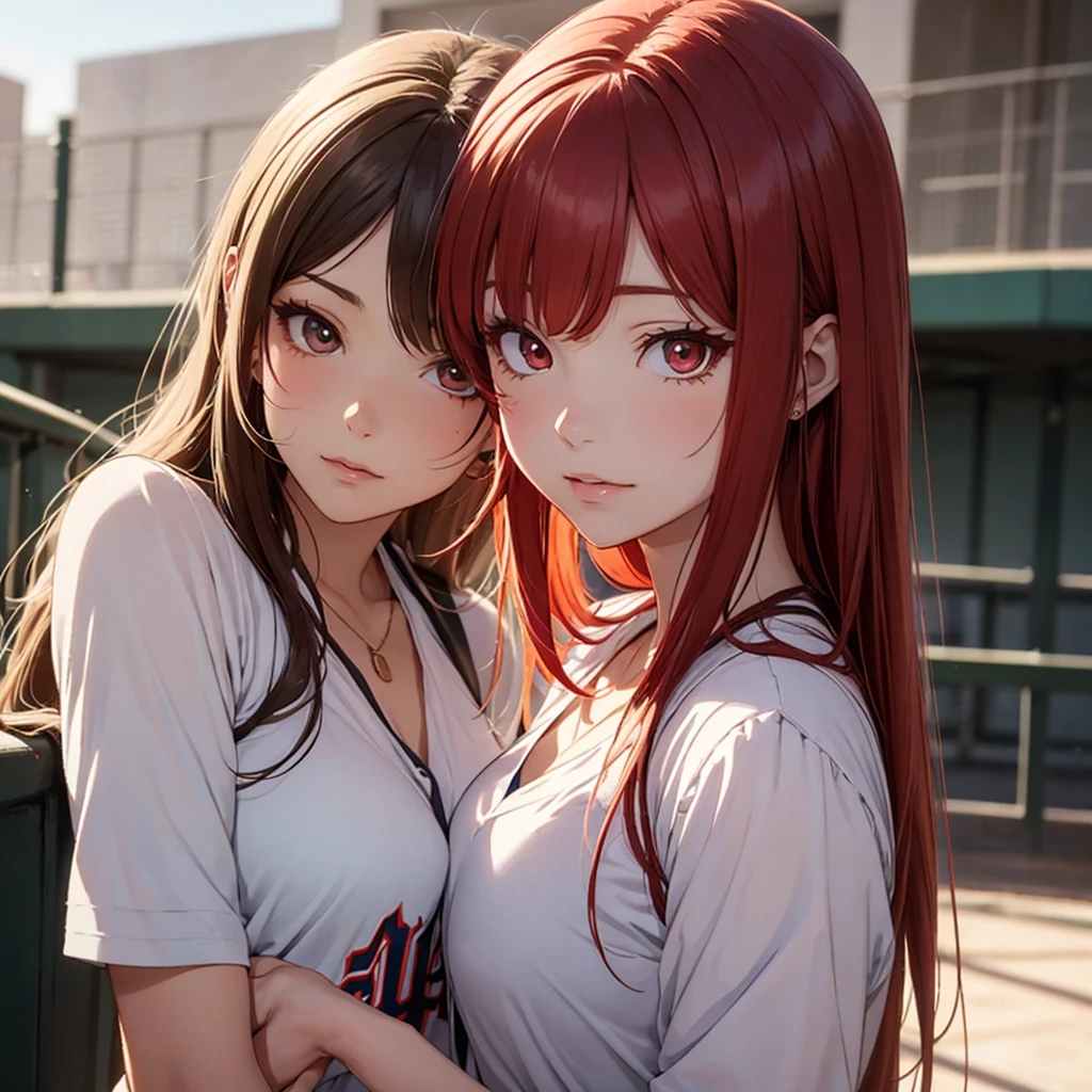 Two beautiful young women, Anime Style, Detailed face, Redhead, Red eyes, Delicate features, Soft lighting, Wearing a baseball manager&#39;s uniform, Person holding a clipboard and a whistle, The other one has a water bottle, Standing by the baseball field, Bright and supportive expressions, sunny day, A baseball team is practicing in the background., Dynamic pose, Japanese Anime Style, high quality, Very detailed, 8K resolution, Cinema Lighting, 最high quality, Vibrant colors, Instagrammable, beautiful, trend