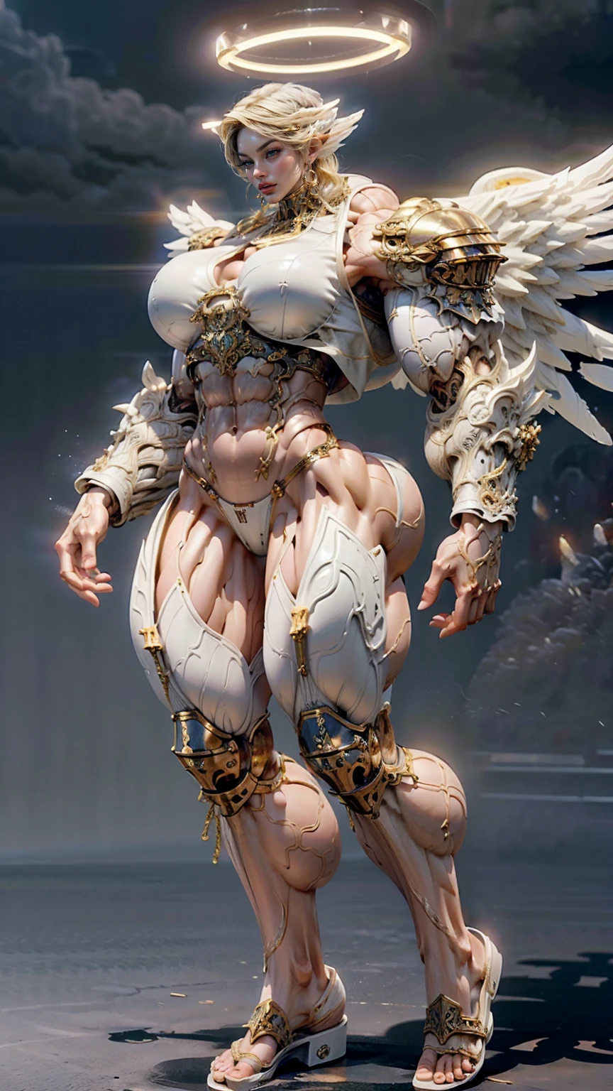 (cara delevingne), ((((((1 muscular angel girl)))))), (((huge upper body))), long hair, ((((huge angelic wings))), (((intricate ornate angelic full body armor))), ((((full body front view)))), (((perfect hands, perfect fingers))), (((empty background)))