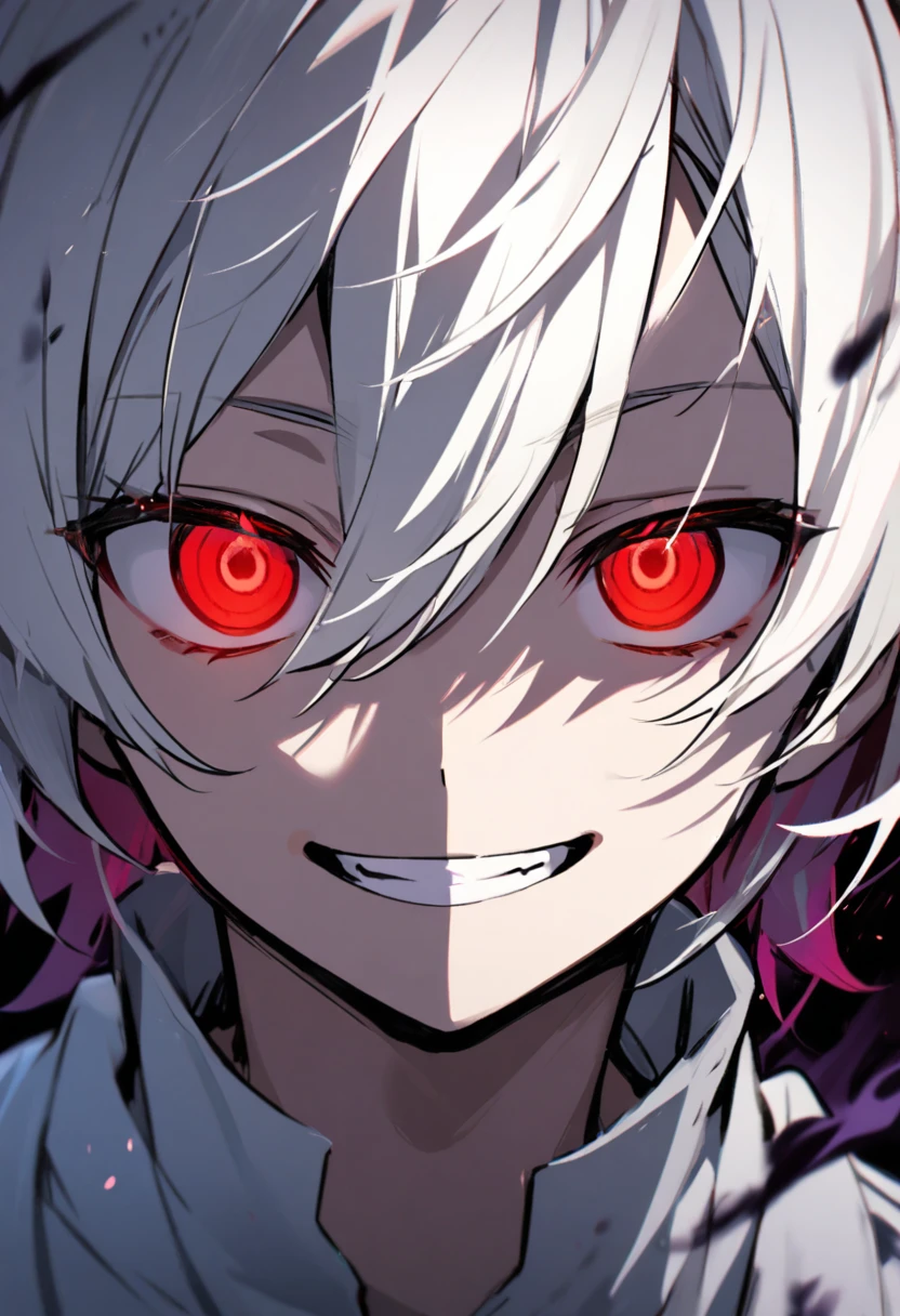 1 children, boy, red eyes, glowing eyes, white hair, dark aura, smilling