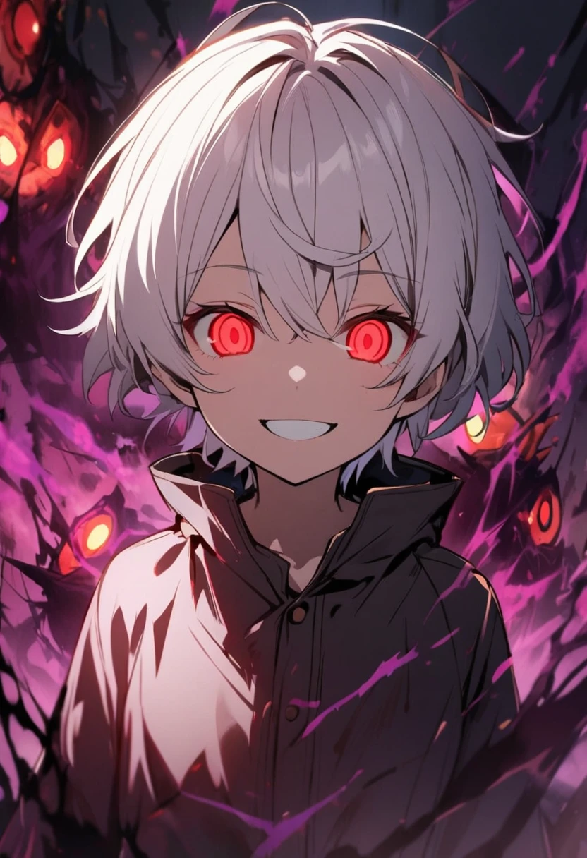 1 children, boy, red eyes, glowing eyes, white hair, dark aura, smilling