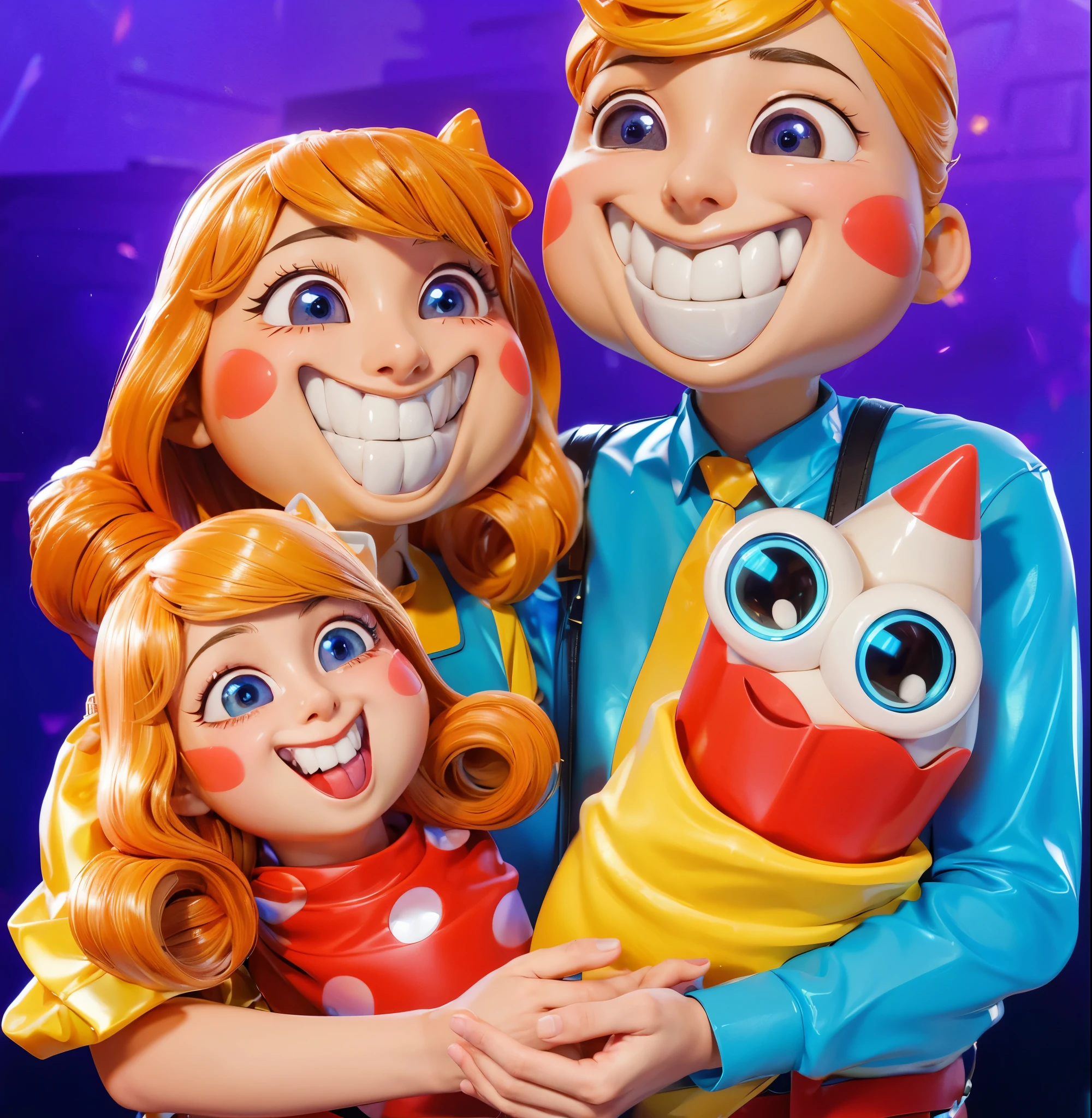 3d style, simplified design, 3d render, glossy texture, smooth 3d model, multiple light sources, rim light, sharp post effects render, (glossy plastic texture with multiple big light probe refractions), perfect cgi, smooth silhouette, high intensity refraction, (super glossy material), most beautiful vfx , blue background, plastic refractions, realistic, 4k, high resolution, rim light, photo shoot, commercial photo, profile shot, 4k, rim light, high resolution, 4k, glossy texture, smooth 3d model, multiple light sources, rim light, sharp post effects render, (glossy metallic texture with multiple big light probe refractions), perfect cgi, cgi art created only with gradients, smooth silhouette, high intensity refraction, (super glossy chrome material), most beautiful vfx, blue background, chrome metal refractions, multiple light sources, rim light, sharp post effects render, perfect cgi, digital art, detailed digital art, reflective, best quality, 4k, masterpiece:1.2, ultra-detailed, realistic, vivid colors, dark and moody lighting, The image of the highest quality, ensuring every detail is showcased perfectly. It in 4k resolution, allowing viewers to immerse themselves in the richness of the colors and intricate details. The realistic rendering. under the spotlight, reflecting, high-resolution image, realistic rendering, dark background, and rim light photorealistic The image features three characters standing in front of three houses. The characters are a red-haired mermaid, a purple cat, and an orange dog. They are each holding a yellow maraca