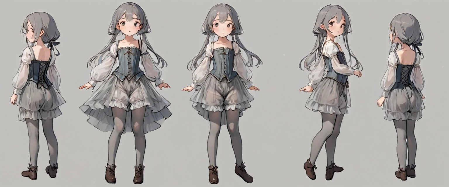 8 year old medieval girl, In underwear、Knee-length semi-transparent bloomers（Drawers）Wearing、Wearing a semi-transparent corset、Translucent slip, Grey translucent tights、sleep