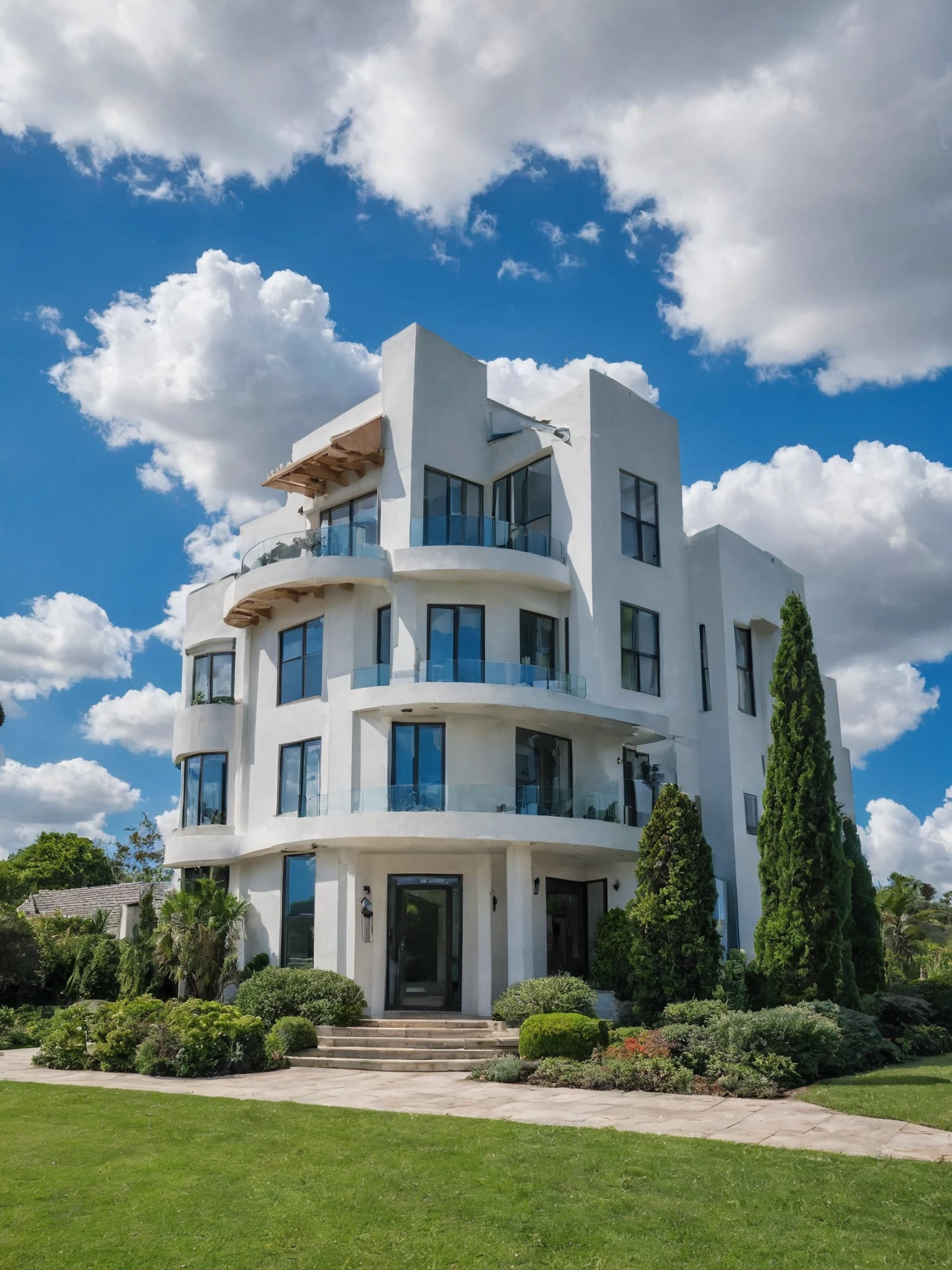 Architectural style, (masterpiece) , (best quality), dramatic lighting, high quality outdoors, sky, day, cloud, tree, blue sky, art deco style house