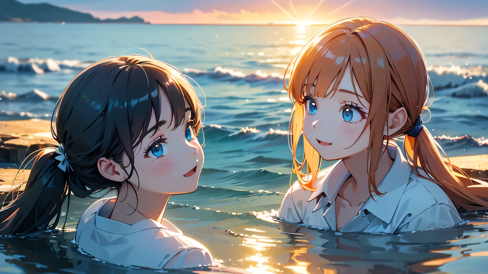 2girls in school uniforms,one with ponytail,one with twin tails,playing in the sea,joyful expression,(best quality,4k,8k,highres,masterpiece:1.2),ultra-detailed,(realistic,photorealistic,photo-realistic:1.37),beautiful detailed eyes,beautiful detailed lips,extremely detailed eyes and face,long eyelashes,serene ocean landscape,sparkling sunlight reflecting on water,warm color tones,soft natural lighting,calm and peaceful atmosphere animation