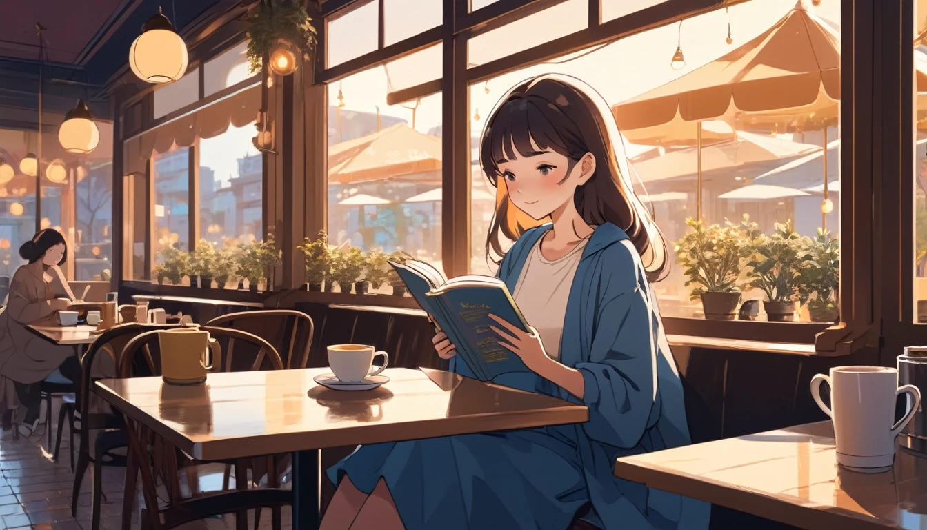 Woman reading a book in a cafe、, Wide-angle lens, Lofi Anime, Lofi illustration, Aesthetic atmosphere, Lo-Fi Style, Vector art, Flat Design, Simple shape, Warm tones, Pleasant atmosphere, Chill, In anime style, Digital drawing, Vector art, Vector logo for t-shirt printing, (Adorable:1.5), (small:1.4), (Playful:1.2), (soft:1.3), (Whimsical:1.1), masterpiece, Highest quality, 8K, Intricate details, grow, Celestial, Mysterious, Picturesque, amazing, Majestic, Magic, Fantasy art, Cover art, dream-like