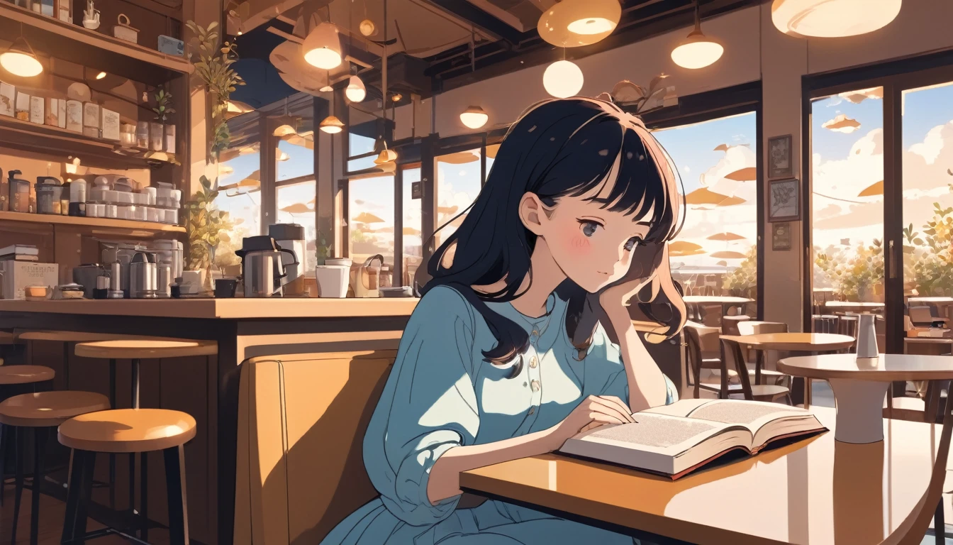 Woman reading a book in a cafe、, Wide-angle lens, Lofi Anime, Lofi illustration, Aesthetic atmosphere, Lo-Fi Style, Vector art, Flat Design, Simple shape, Warm tones, Pleasant atmosphere, Chill, In anime style, Digital drawing, Vector art, Vector logo for t-shirt printing, (Adorable:1.5), (small:1.4), (Playful:1.2), (soft:1.3), (Whimsical:1.1), masterpiece, Highest quality, 8K, Intricate details, grow, Celestial, Mysterious, Picturesque, amazing, Majestic, Magic, Fantasy art, Cover art, dream-like
