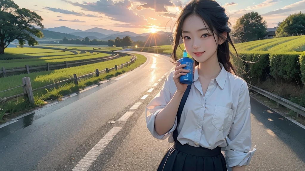 8K、RAW Photos、Highest quality、Super detailed、Super Resolution、Ultra HD、8K壁紙、Amazing details summer、evening、sunset、A rural road lined with rice fields、Paved roads、Woman walking on a country road、16 year old school girl in uniform、Drink water、School bag、Blue sky、Shining Sun、Water bottle、smile