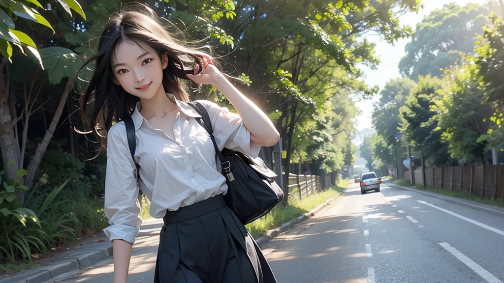 8K、RAW Photos、Highest quality、Super detailed、Super Resolution、Ultra HD、8K壁紙、Amazing details summer、evening、sunset、A rural road lined with rice fields、Paved roads、Woman walking on a country road、 school girl in uniform、Drink water、School bag、Blue sky、Shining Sun、Water bottle、smile