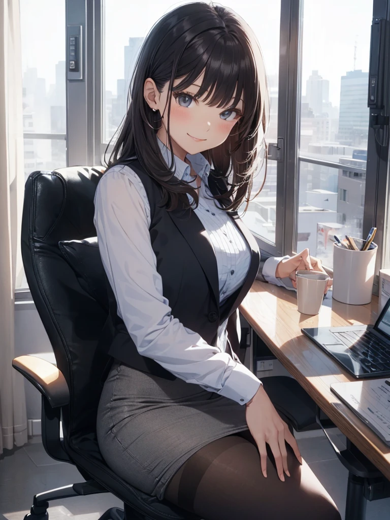 1lady sitting (crossed legs), office worker (stylish outfit), (gray vest) (pencil skirt), mature female, /(dark brown hair/) bangs, blush kind smile, (masterpiece best quality:1.2) delicate illustration ultra-detailed, large breasts, pantyhose BREAK (modern office indoors), window cityscape, detailed background