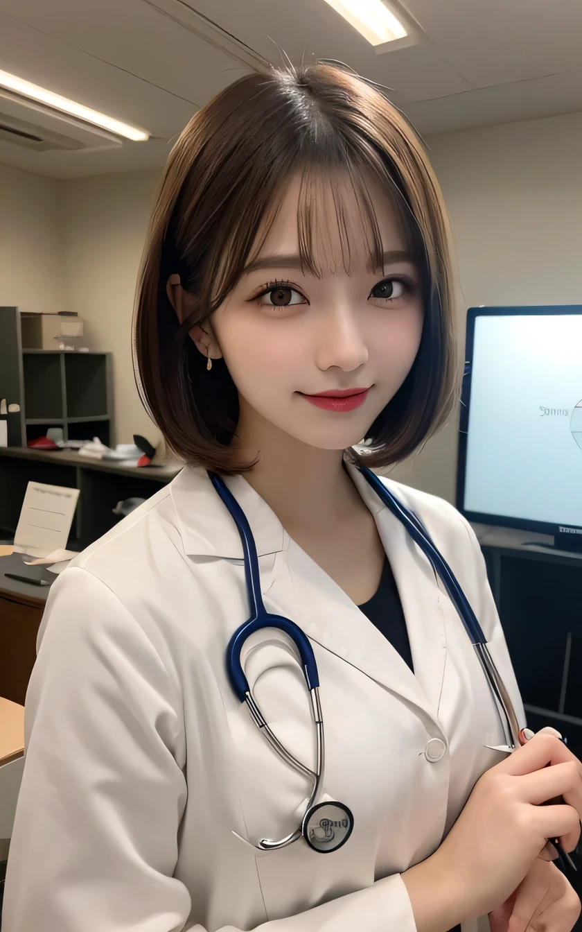 Super detailed, In detail, High resolution, 8k wallpaper, Perfect dynamic composition, Beautiful attention to detail, Doctor's attire,Short Haircut、Brown Hair、Ear piercing, Center of chest, Natural color lip, Random sexy poses,smile,20-year-old girl、huge 、Examination room、Stethoscope