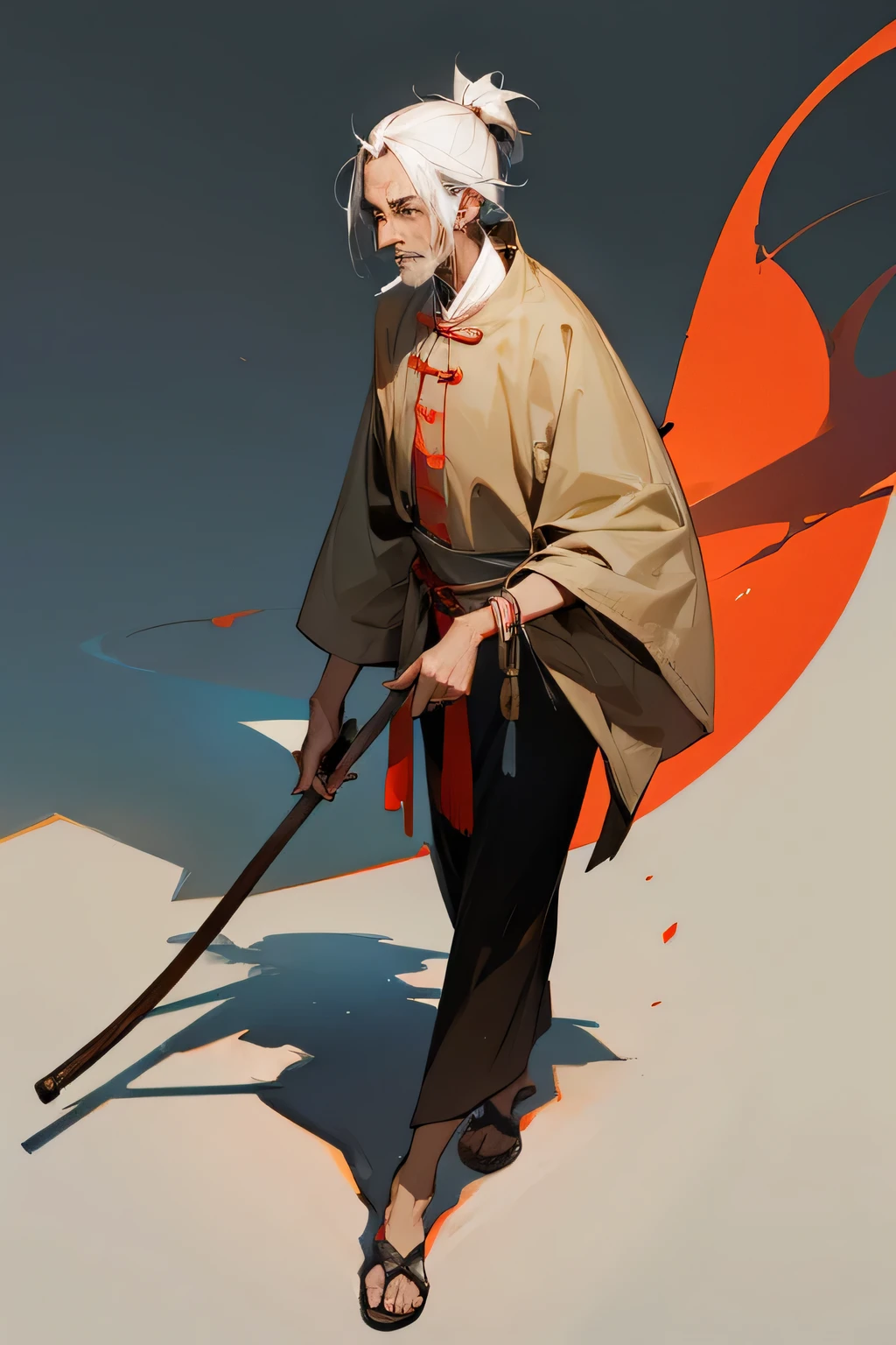 Mysterious middle-aged beggar with Chinese walking stick