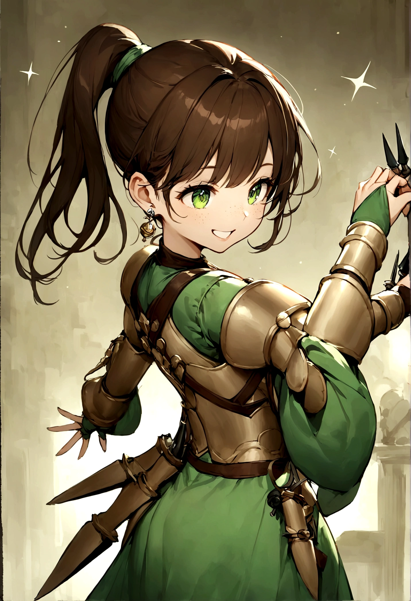 Long, dark brown hair that she often keeps tied back in a practical ponytail to keep it out of her way during sneaky maneuvers. Eyes: Bright green eyes that sparkle with mischief and curiosity. They are always darting around, observing her surroundings and looking for opportunities. Build: Slender and agile, with a light, nimble frame that allows her to move silently and with great dexterity. Skin: Lightly tanned, with a few freckles dotting her cheeks and nose, giving her a youthful and energetic appearance. Clothing/Armor: Wears light leather armor, fitted to her form to allow maximum movement without making any noise. The armor is adorned with various pockets and straps for her tools and weapons. She carries a set of lockpicks, a short sword, and several daggers hidden on her person. Other Features: She has a small, silver earring in her left ear, a keepsake from her family. Her fingers are calloused from years of practice with delicate tools and weapons. She often has a playful grin, and her movements are graceful, almost like a dance.