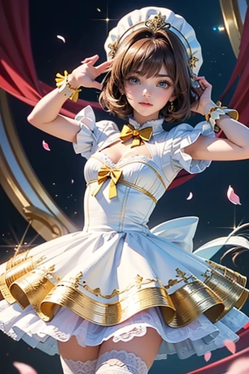 Kinomoto Sakura, Sakura CardCaptors, roses, ornament hair, brown hair, short hair, 1 girl, Looking at the audience, flowing hair, floating hair, Beautiful Eyes, Plump and glossy lips, Idol, dress with too many frills, white dress, white laces, white Short skirt, Drape clothes, gem, Lace trim, bright stage, luxury gold details, gold jewelry, more details, best quality, Big sparkling eyes, blushing, Striped Lace Stockings, white ta skirt, sparkle, solo, centered girl, cowboy shot, perfectly body, perfectly hands, two arms, two legs, two hands, five fingers, perfect anatomy, glowing hair, petals, 1girl, dress, solo, flowing hair, floating hair, short hair, ornament hair, perfectly body, perfectly hands, on the stage, petals, more details on her clothes, dress with transparency, golden details on her dress, night, holding a microphone, ((4k, masterpiece, top-quality)), 8k, best quality, high resolution, UHD, (illustration:0.8), super cute girl, delicate and beautiful face, mature girl, super cute hairstyle, short hair, (beautiful detailed eyes:1.6), extremely detailed face, perfect lighting, extremely detailed CG, (perfect hands, perfect anatomy), Best quality ((4k, masterpiece, top-quality)),8k, best quality, high resolution, HD, (illustration:0.8), super cute girl, delicate and beautiful face, mature girl, super cute hairstyle, (beautiful detailed eyes:1.6), extremely detailed face, perfect lighting, extremely detailed CG, (perfect hands, perfect anatomy), Best quality, cleavage, small skirt, full Body, two arms, two legs, two hands, five fingers