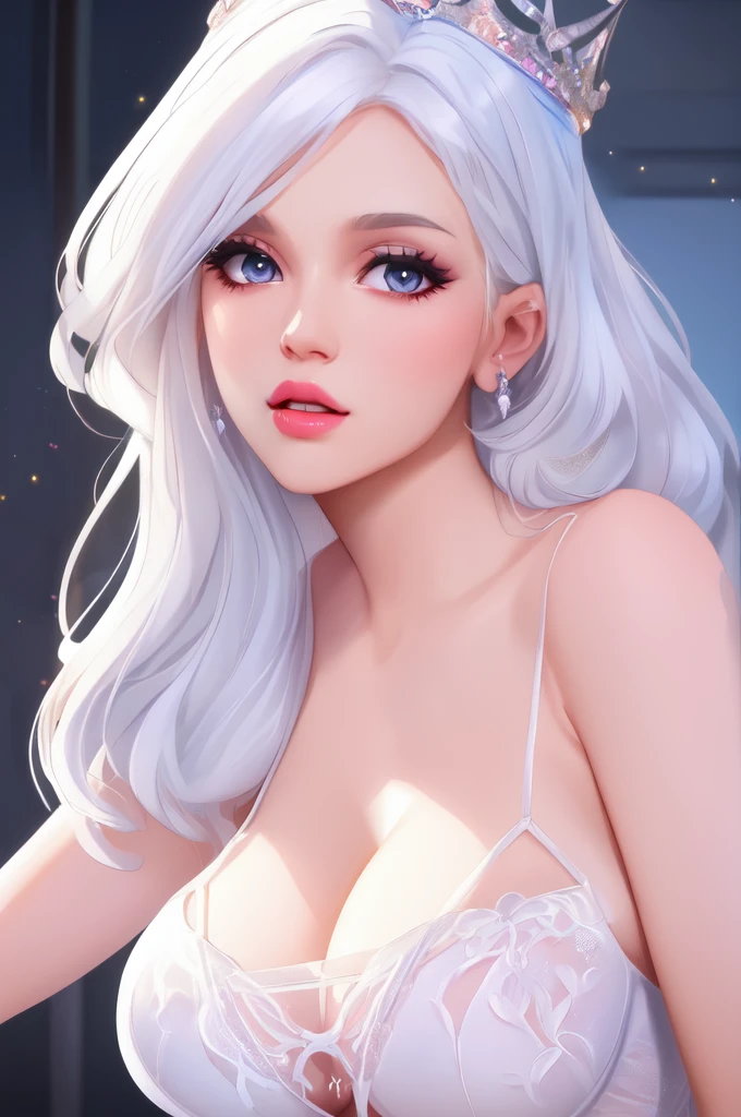 full shot, A beautiful 30 years old woman with gorgeous face, massive breasts, wearing white transparent lingerie, cleavage, long shiny white hair, black shiny crown, bright lighting, highly detailed, 8k, masterpiece