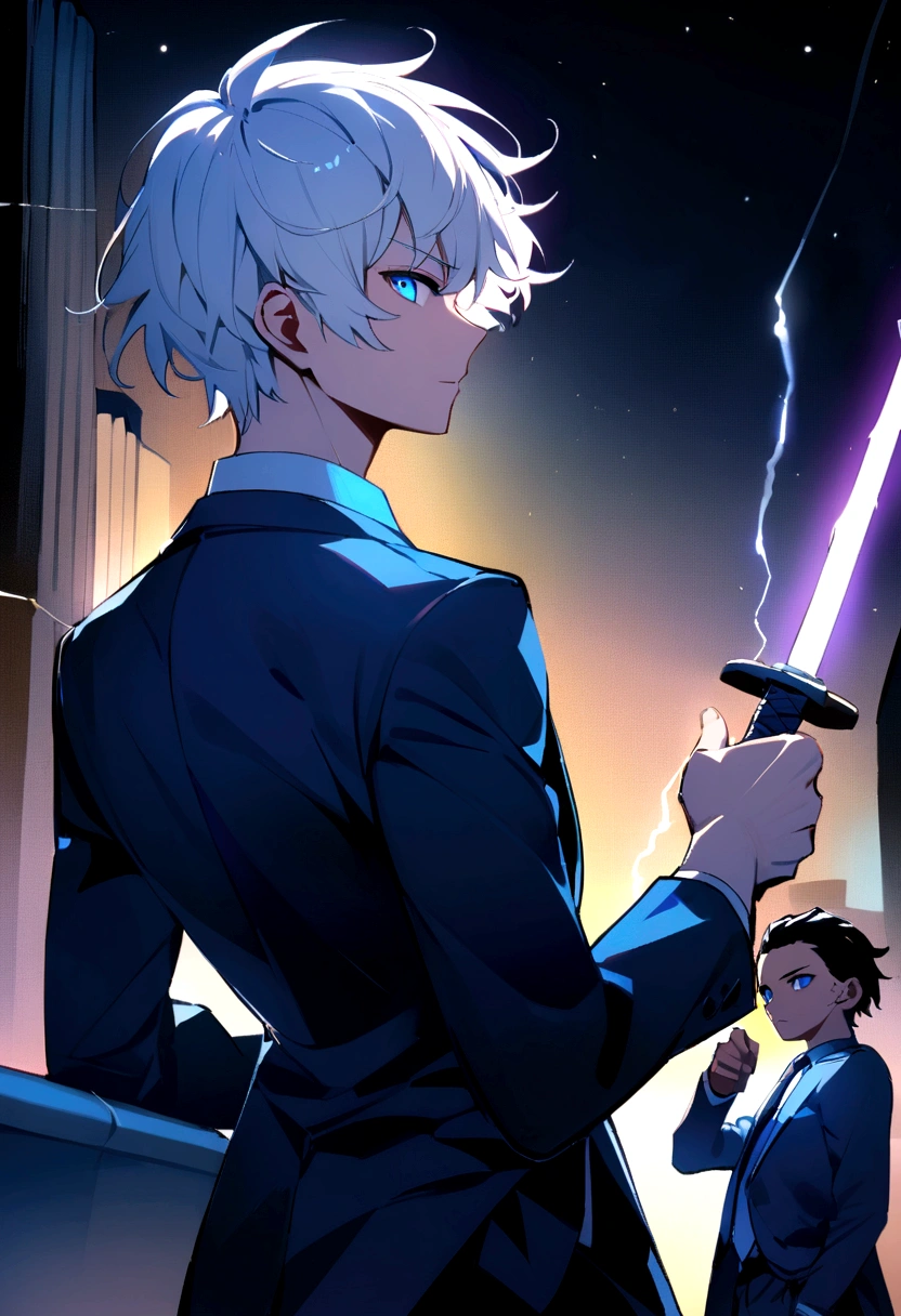 +A young white-haired man in a stylish suit and tie,+ blue eyes,+ lively light,+ Stand and look back.,+ holding a lightning katana,+ short hair,+ at night
