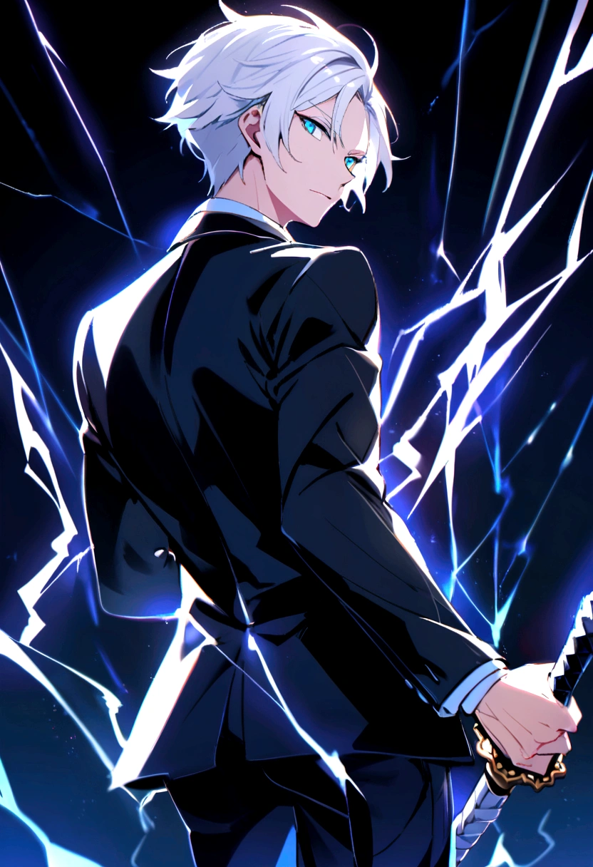 +A young white-haired man in a stylish suit and tie,+ blue eyes,+ lively light,+ Stand and look back.,+ holding a lightning katana,+ short hair,+ at night