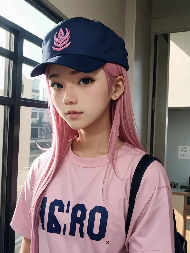 Handsome、high school student、Pink Hair、navy blue cap