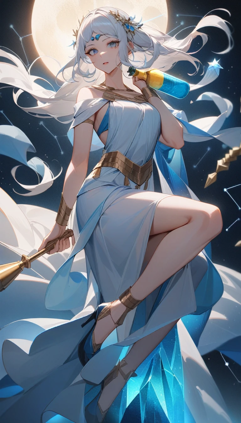 (Huang Li、high quality、Extremely detailed),Constellation Aquarius Goddess,Giant drifting bottle,Woman holding a drift bottle,Similar to Latin goodness,brave,capricious,Productivity,The face of enterprising and humanitarianism,Short blue and white hair,Ancient Greek costumes、Wrap Dress,The background is the universe,Crystal black eyes(Eyes Details),Powerful appearance