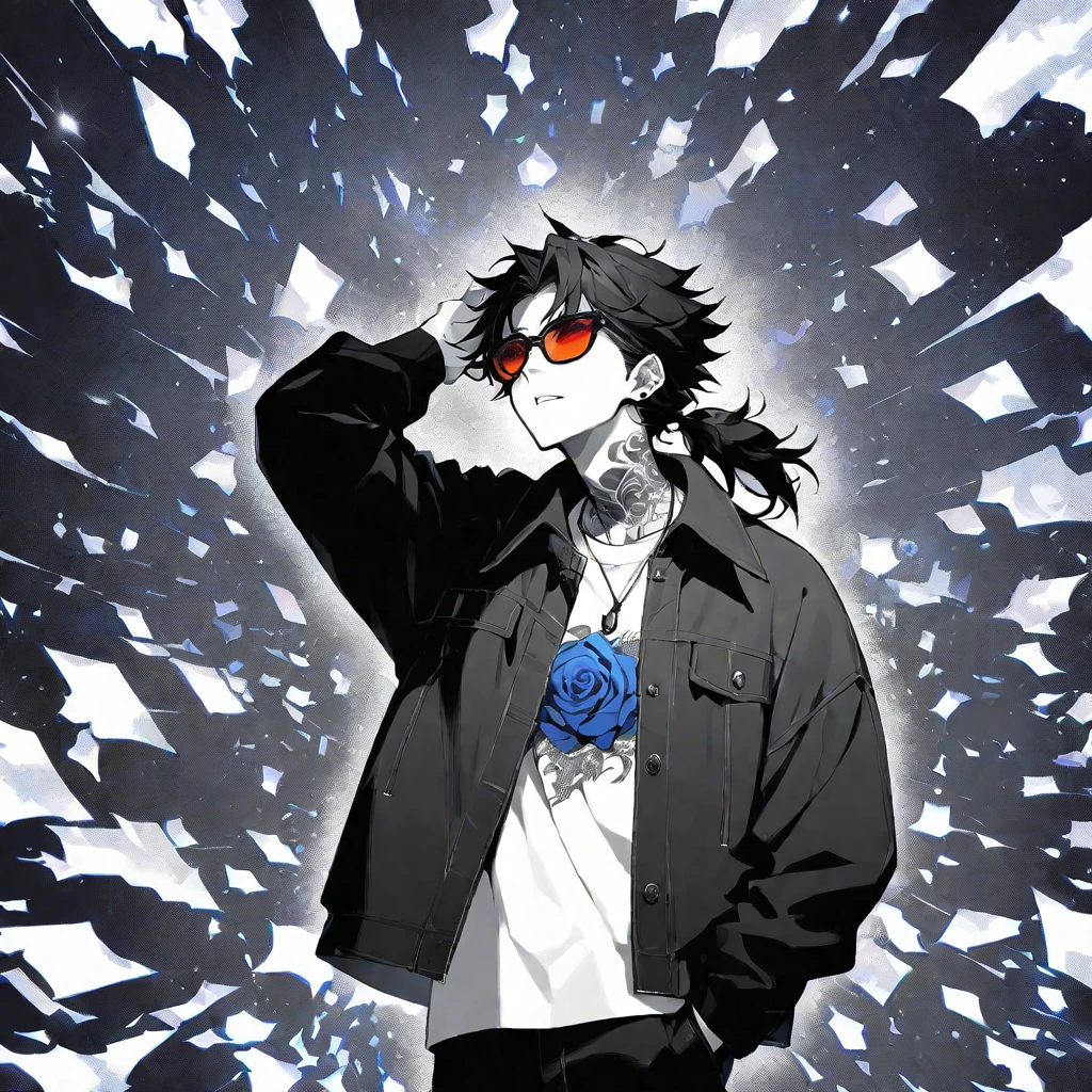 Solo,handsome, monochrome,モノトーン,1 male, Ponytail, Braided black hair, red eyes, Gojo Satoru,casual,Blue Rose Tattoo,black Oversized ,casual,Stylish,cool,Wear sunglasses around your neck,Void,look up,
blackbackground,İcon,Despise face up