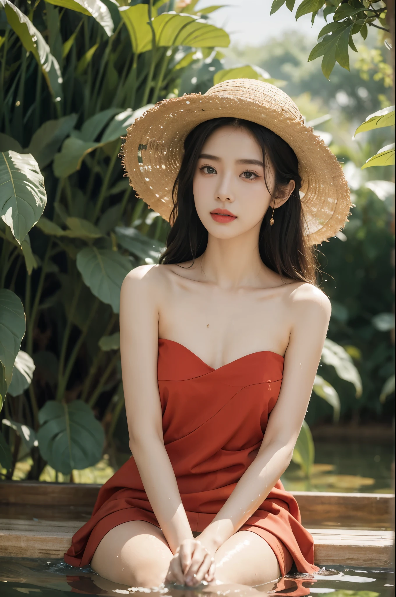 (((best quality))),(((ultra detailed))),(((masterpiece))),illustration,1 beautiful girl,slim,straw hat,shiny skin,black skin,sweat,wet,flat chest,short Embroidered red cheongsam,bare arms,sitting in the Paddy pool filled with Rice seedlings,upper body,elegant, clear sky, sunlight, dreamy, contrast, natural,Chinese rural landscape,The body below the neck is in water