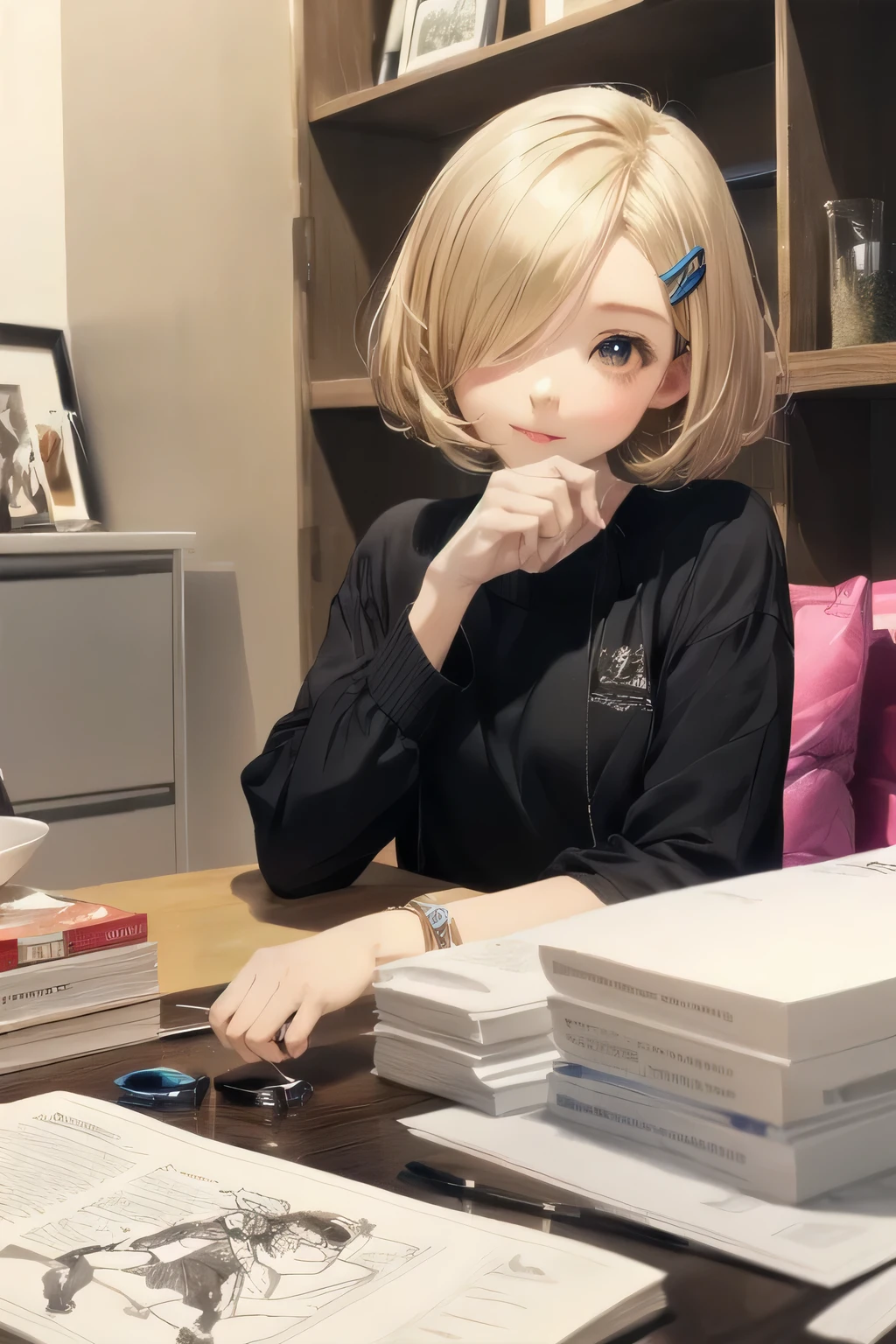 Highest quality, anime,Moe,Art Style,8K Konachan Wallpaper,Perfect Anatomy,,One girl, (13 years old:1.3),(high school student), short hair, blonde hair, (hair over one eye:1.6),Complete limbs, Full Finger,Medium chest, pajamas,Small eyes,Detailed eyes,Blue Eyes,Hair Clip,Super detailed,High resolution,Highly detailed skin, Professional Lighting,8k eye detail, (Cute illustrations:1.2), (indoor),(Cute Girl's Room:1.4),(modern and sophisticated furniture:1.2),(plush velvet chair and ottoman:1.4),(elegant curtains and window treatments:1.2),(Designer fashion:1.4),(Instagrammable fashion photo corner:1.2),(unique framed statement mirror:1.4),
(fashion runway style rug:1.2),(A customized closet filled with trendy clothes:1.2),(gorgeous dressing table:1.2),(fashion magazine:1.2),
(Cute Decoration:1.4),(chic lighting fixtures:1.4),(comfortable and stylish bedding:1.4),(Vanity:1.4),(Specialized area for fashion accessories:1.3),(high end accessories:1.2),(fashion sketch and design book:1.2),(Plenty of storage for shoes and accessories:1.2),