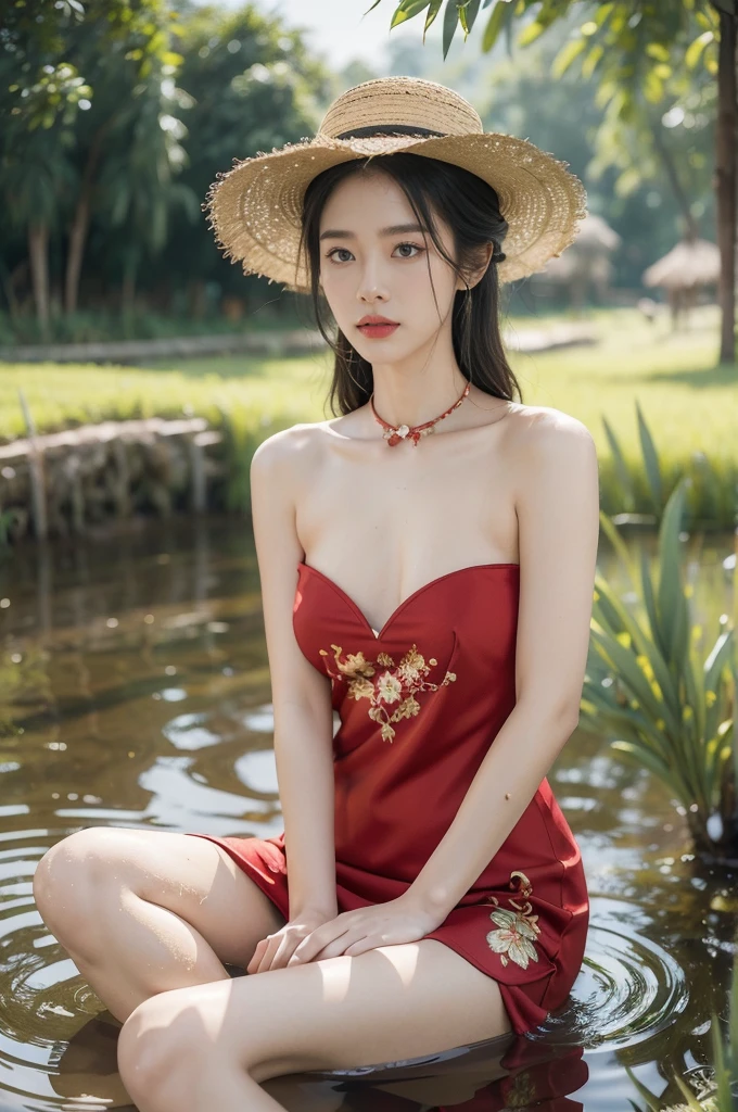 (((best quality))),(((ultra detailed))),(((masterpiece))),illustration,1 beautiful girl,slim,straw hat,shiny skin,black skin,sweat,wet,flat chest,short Embroidered red cheongsam,collar,bare arms,sitting in the Paddy pool filled with Rice seedlings,upper body,elegant, clear sky, sunlight, dreamy, contrast, natural,Chinese rural landscape,The body below the neck is in water