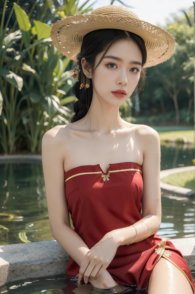 (((best quality))),(((ultra detailed))),(((masterpiece))),illustration,1 beautiful girl,slim,straw hat,shiny skin,black skin,sweat,wet,flat chest,short Embroidered red cheongsam,collar,bare arms,sitting in the Paddy pool filled with Rice seedlings,upper body,elegant, clear sky, sunlight, dreamy, contrast, natural,Chinese rural landscape,The body below the neck is in water