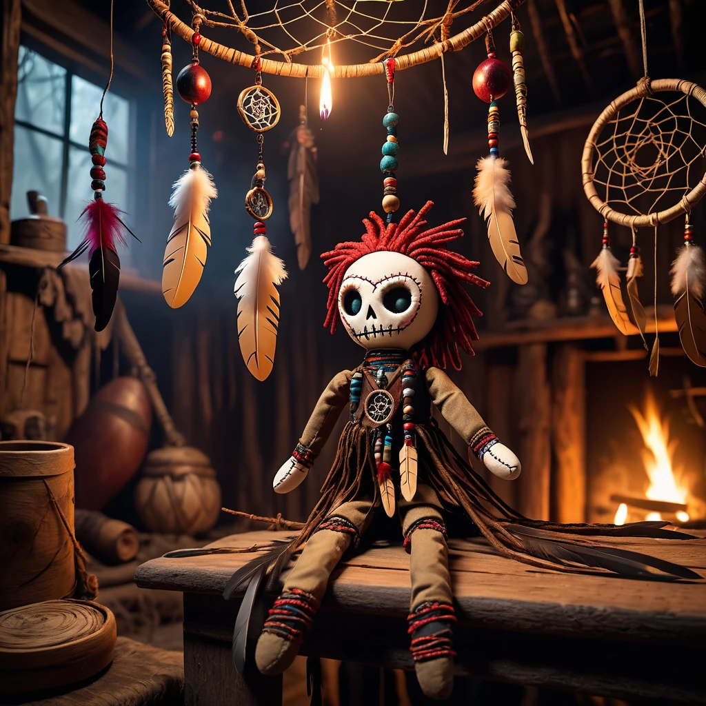 (knitted toy voodoo doll:1.7), (Voodoo Dreamcatcher:1.3), (clothes Dark leather clothes with feathers, long claws:1.0), (in the background Abandoned shaman's hut, dreamcatchers hanging from the ceiling, flickering fire:1.3), best quality, masterpiece, detailed soft oil painting, detailed background, dramatic cinematic lighting, soft edge lighting, professional, dramatic lighting, hard edge lighting, ultra quality, 4k, masterpiece, best quality, 8k, ultra high definition, high definition, extremely detailed