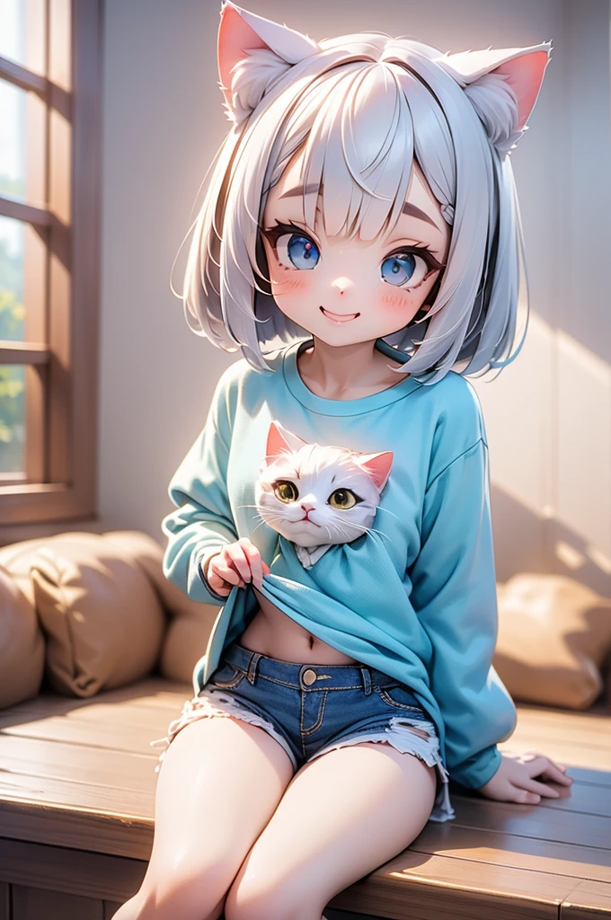 sleeved,sitting,head tilt,?,head back,((Close your mouth))、(((Highest quality))、((masterpiece))、(detailed),masterpiece,best quality, high quality,ulutra detailed,Perfect Face、BREAK Mina((girl、Eyes shining blue:1.9、Cat ear:1.3 Silver Bob Hair:2.5、))、BREAK、T-Shirts、Shorts、Underboob