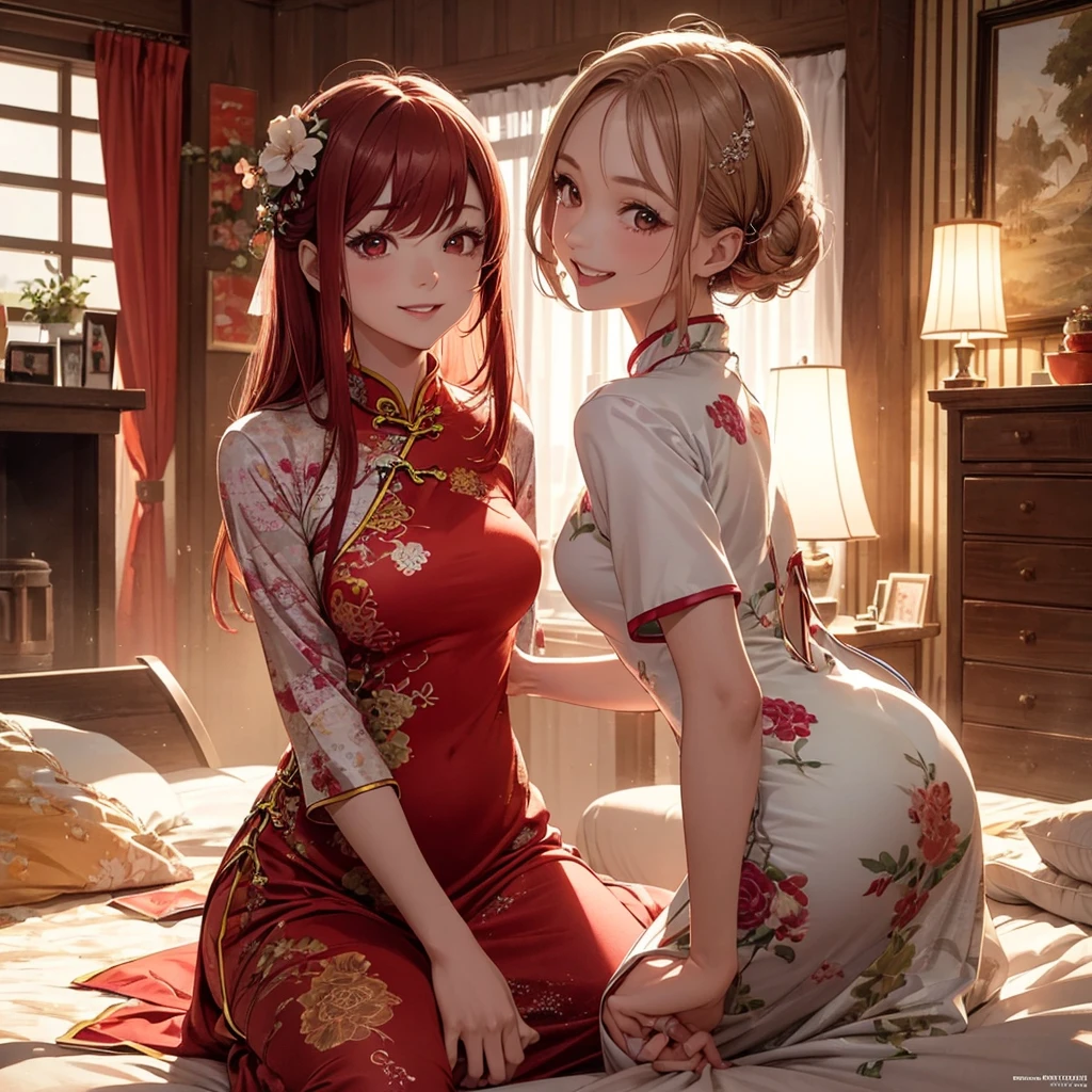 two beautiful young women, anime style, detailed faces, red hair, red eyes, delicate features, soft lighting, wearing traditional Chinese dresses (cheongsam), playful expressions, laughing and having fun, cozy and well-decorated room, one gently pushing the other playfully, vibrant and inviting room lighting, dynamic pose, Japanese anime style, high quality, highly detailed, 8k resolution, cinematic lighting, best quality, vibrant colors, Instagrammable, aesthetic, trendy