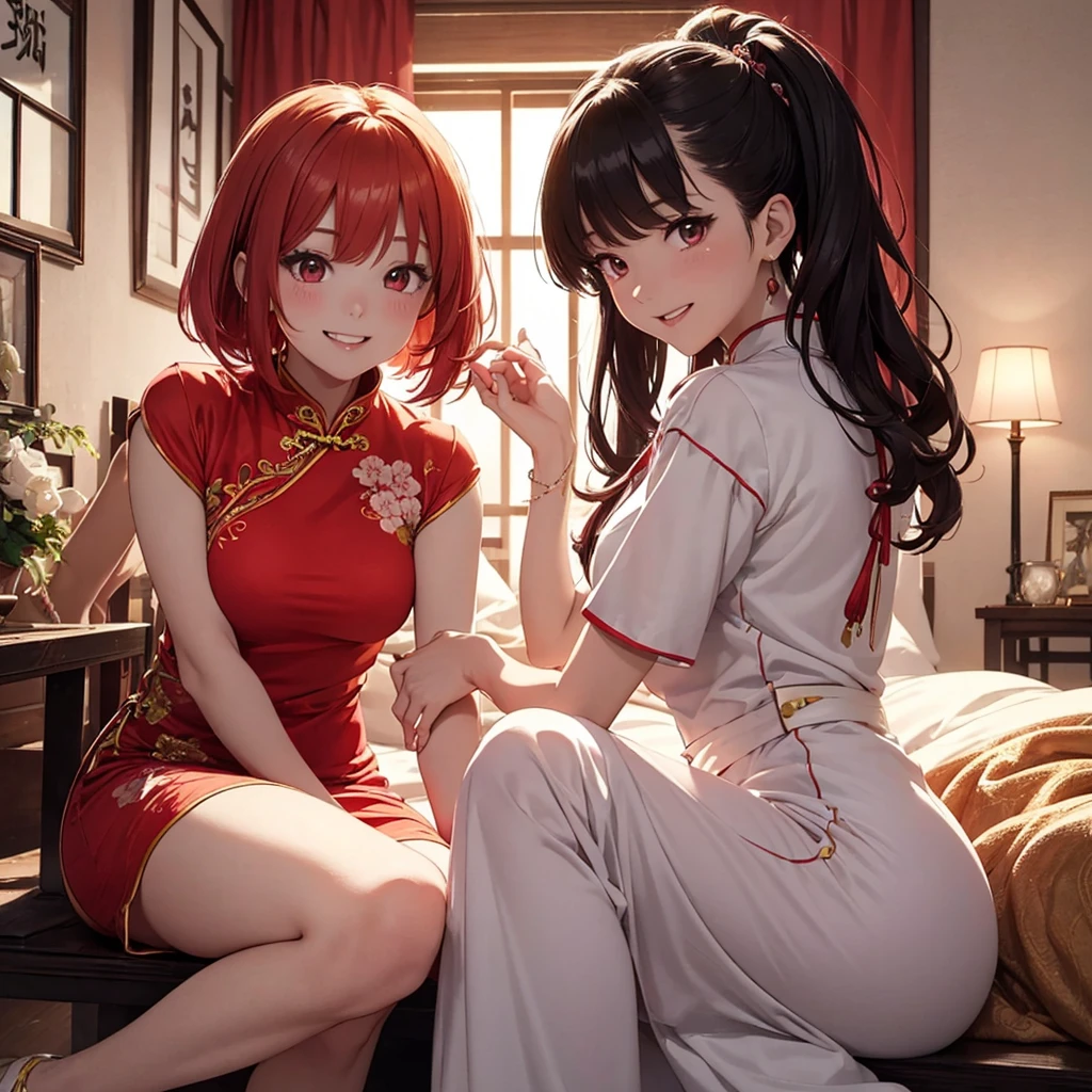 two beautiful young women, anime style, detailed faces, red hair, red eyes, delicate features, soft lighting, wearing traditional Chinese dresses (cheongsam), playful expressions, laughing and having fun, cozy and well-decorated room, one gently pushing the other playfully, vibrant and inviting room lighting, dynamic pose, Japanese anime style, high quality, highly detailed, 8k resolution, cinematic lighting, best quality, vibrant colors, Instagrammable, aesthetic, trendy
