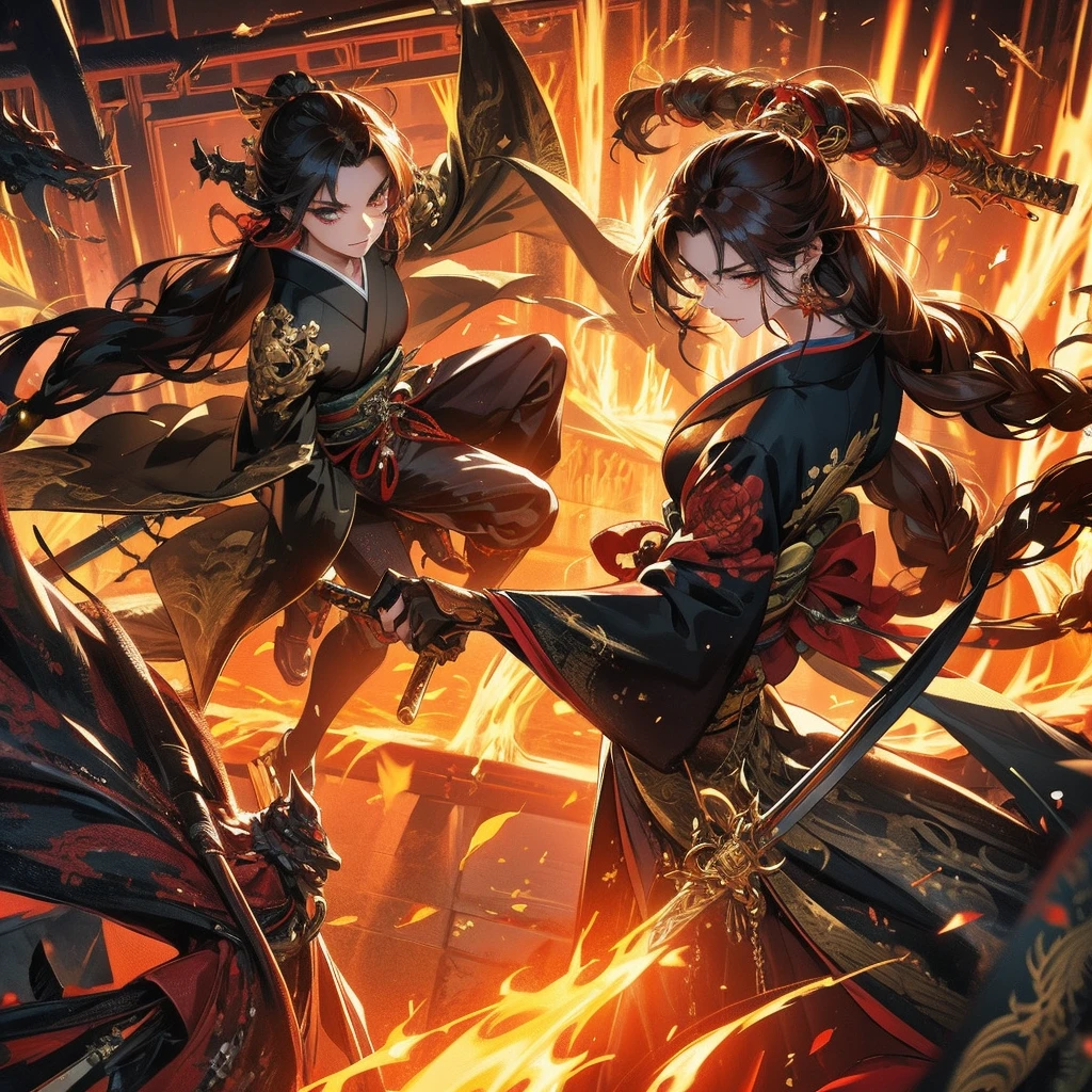 beautiful dark angel fighting with dragon demon, tattoo, fire, sword, kimono, demon, golden tone