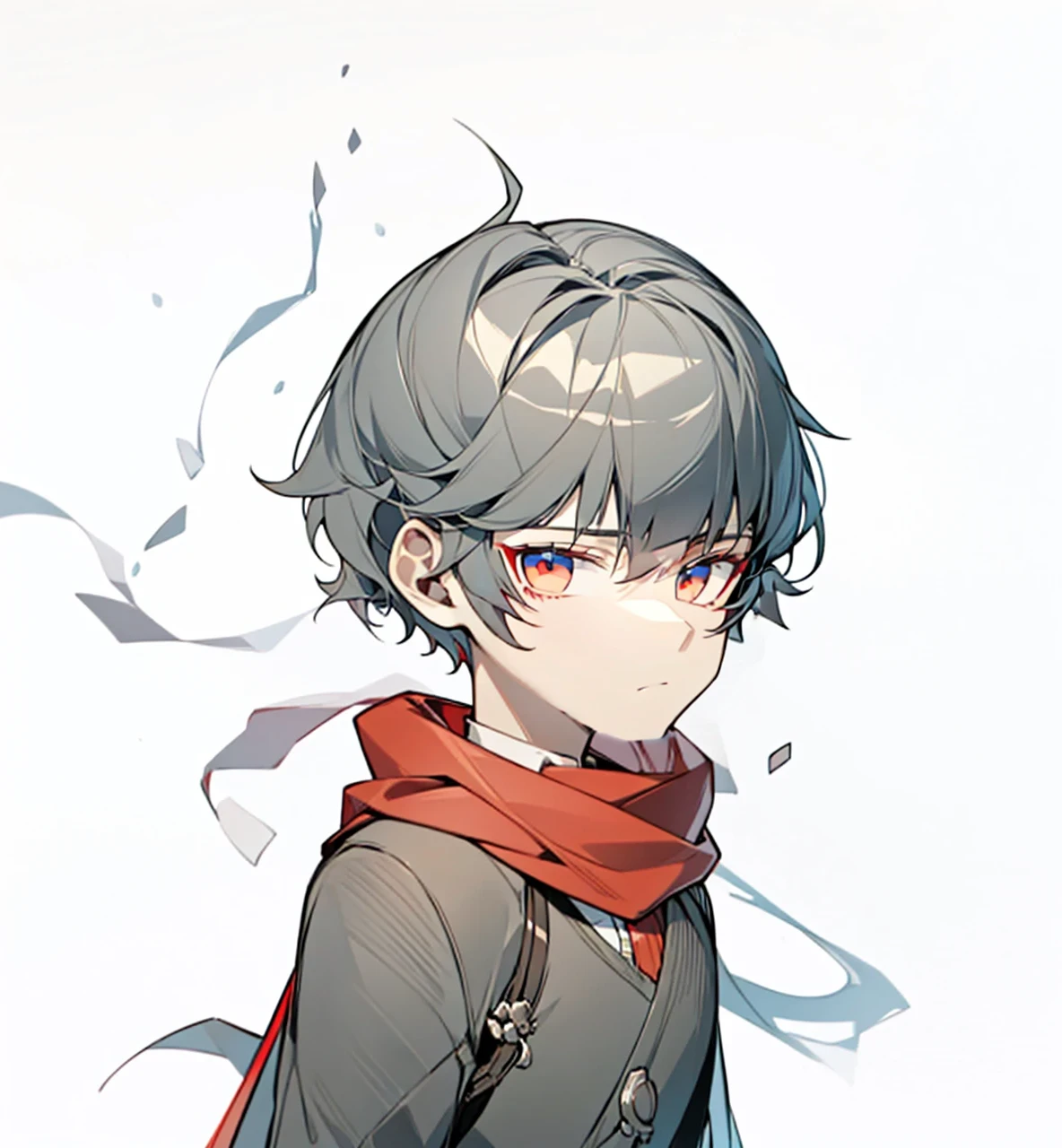 Cool cute boy with cool bowl cut, awesome red scarf, cool poker face, awesome silver eyes, simple and clean, apathetic expression