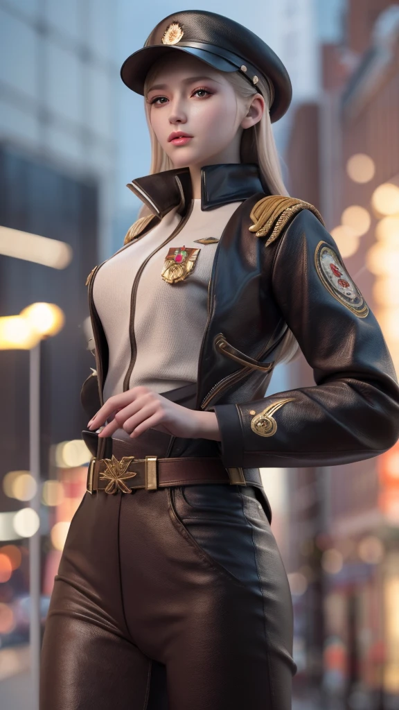 detailed realistic portrait of a young russian woman, 30 years old, beautiful detailed brown eyes, slim athletic body, wearing russian army uniform, holding a machine gun, destroying a drone, cinematic dramatic lighting, high quality, photorealistic, urban city background, masterpiece, 8k, hyper detailed