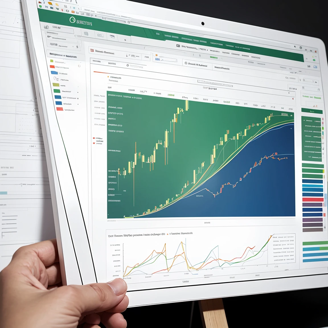 A detailed illustration of a financial chart, vibrant colors, upward trends, and various data points, in front of a blurred office background. Sleek, modern design with blue and green accents, glowing highlights. Created using digital painting, vector graphics, clean lines, hd quality, natural look --ar 16:9 --v 6.0