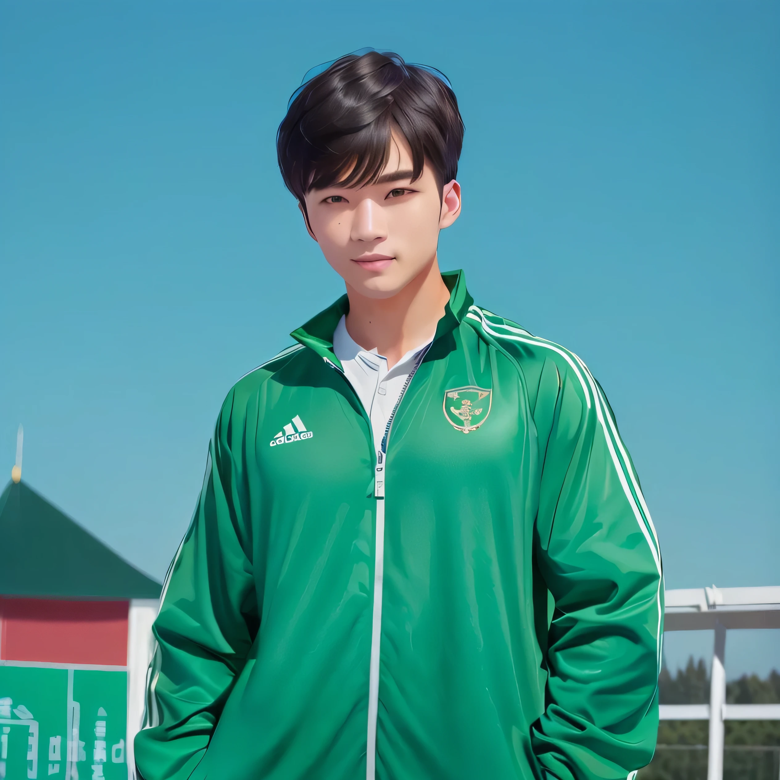 There is a Chinese male athlete wearing a green sportswear,Sportswear collar,Tracksuit,short hair,No bangs,Stand in front of you,Natural posture,Looking at the camera,Background playground,Realism,32k,Ultra-high resolution,Ultra-clear details