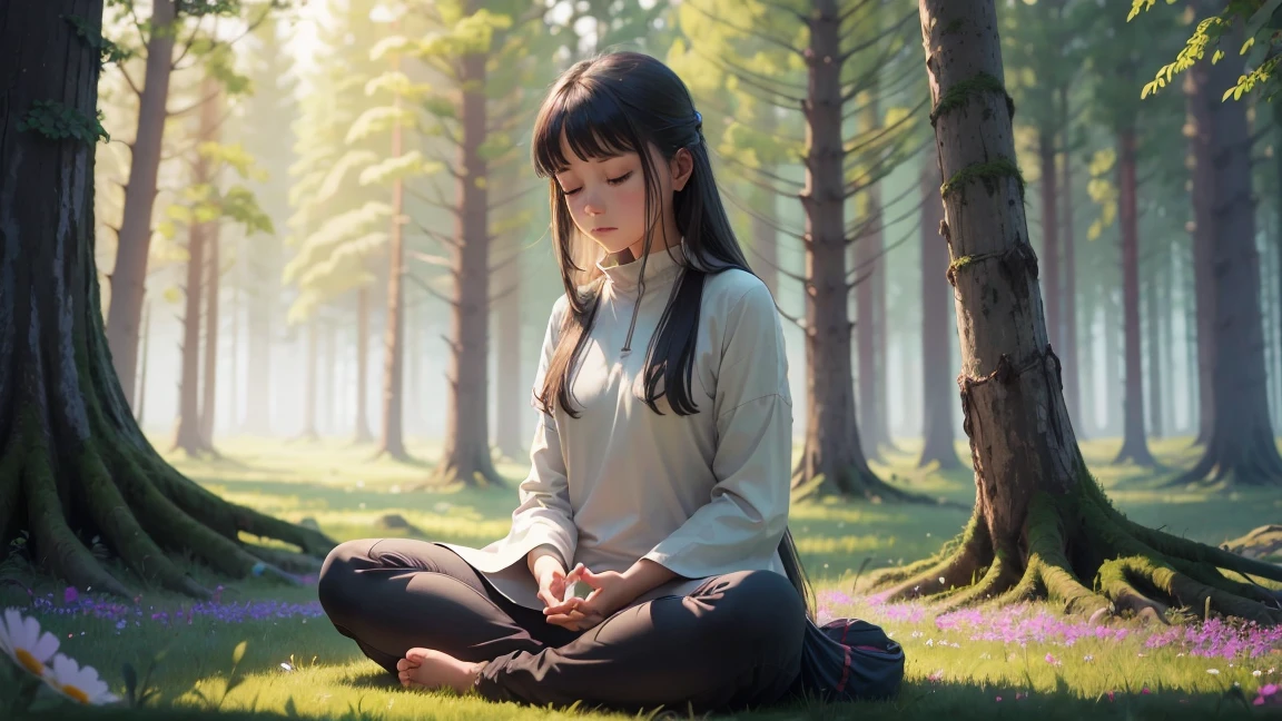 picture of a girl meditating, Surrounded by nature, Like a quiet forest or a field full of colorful flowers.. This image conveys a sense of tranquility, Connection with nature and peaceful atmosphere, This is consistent with the tone of prayer..