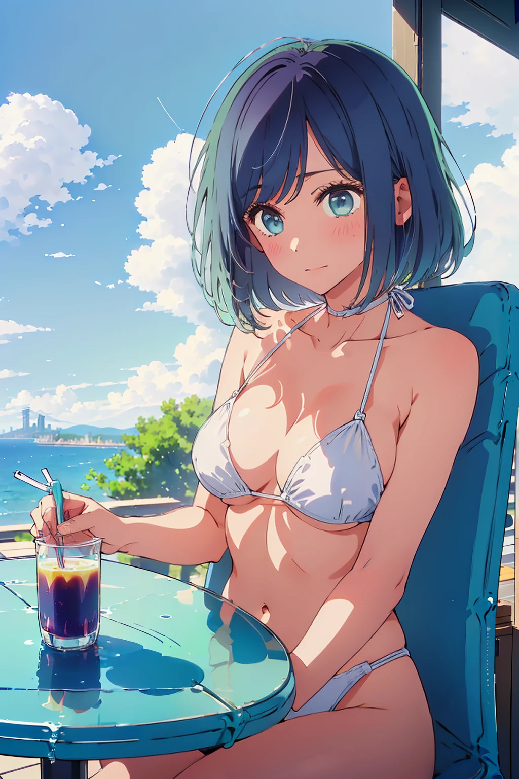 (Highest quality:1.4、8K:1.4、detailed)、F cup bust、Big Breasts、Slim body、Very white beautiful skin、((((1 person、Surprised expression、sit、Chair、In the background are the urban buildings of Tokyo、looking at the camera、Outdoor café terrace、coastal、Navy hair color、juice、White side string high leg bikini、Shooting up close、table、Very cute face))))、(両手でjuiceを持つポーズ:1.4)、Very blue sky、A completely cloudless sky