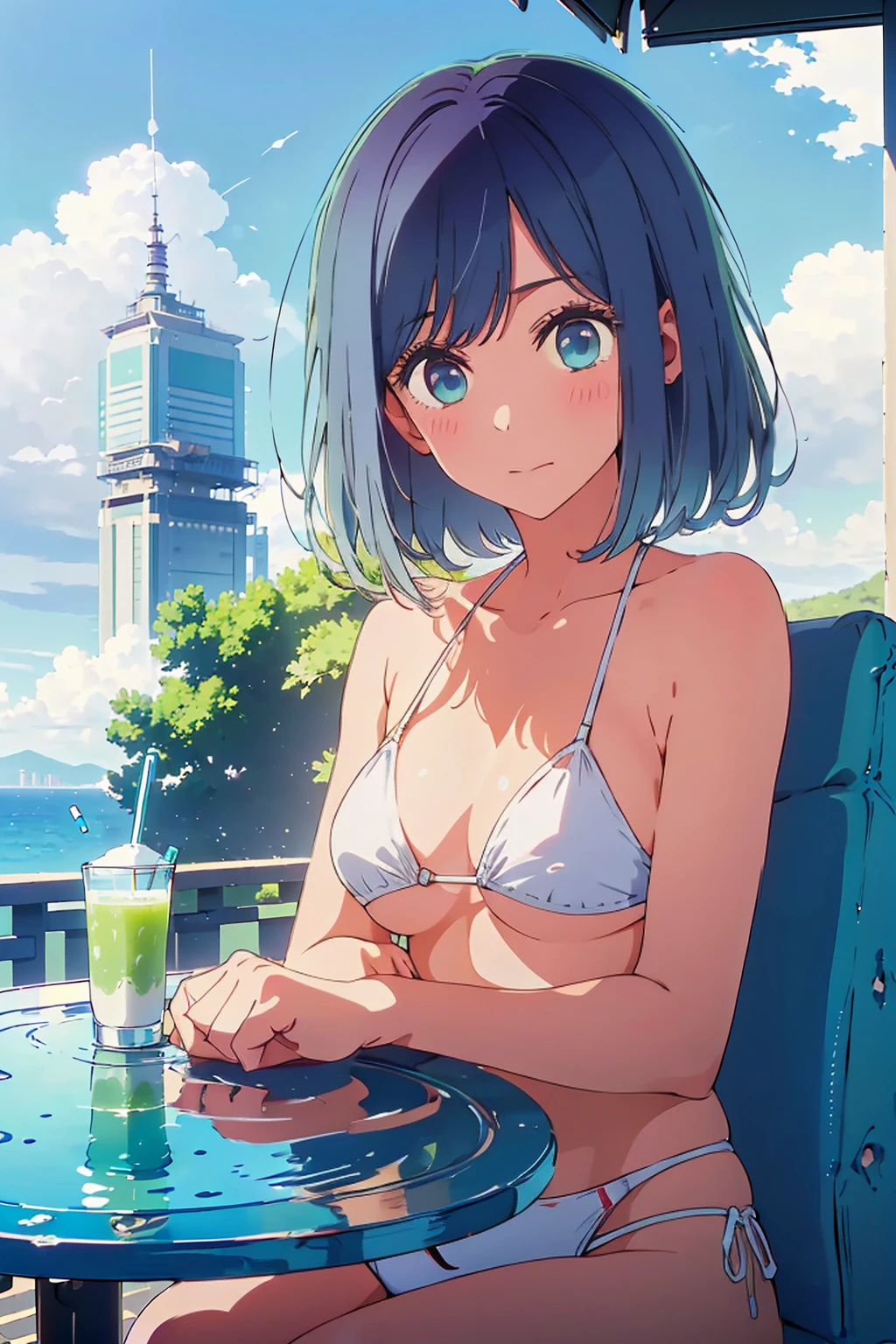 (Highest quality:1.4、8K:1.4、detailed)、F cup bust、Big Breasts、Slim body、Very white beautiful skin、((((1 person、Surprised expression、sit、Chair、In the background are the urban buildings of Tokyo、looking at the camera、Outdoor café terrace、coastal、Navy hair color、juice、White side string high leg bikini、Shooting up close、table、Very cute face))))、(両手でjuiceを持つポーズ:1.4)、Very blue sky、A completely cloudless sky