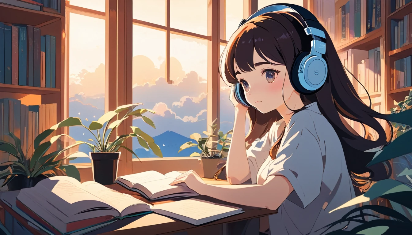 A woman studying with headphones on、, Wide-angle lens, Lofi Anime, Lofi illustration, Aesthetic atmosphere, Lo-Fi Style, Vector art, Flat Design, Simple shape, Warm tones, Pleasant atmosphere, Chill, In anime style, Digital drawing, Vector art, Vector logo for t-shirt printing, (Adorable:1.5), (small:1.4), (Playful:1.2), (soft:1.3), (Whimsical:1.1), masterpiece, Highest quality, 8K, Intricate details, grow, Celestial, Mysterious, Picturesque, amazing, Majestic, Magic, Fantasy art, Cover art, dream-like