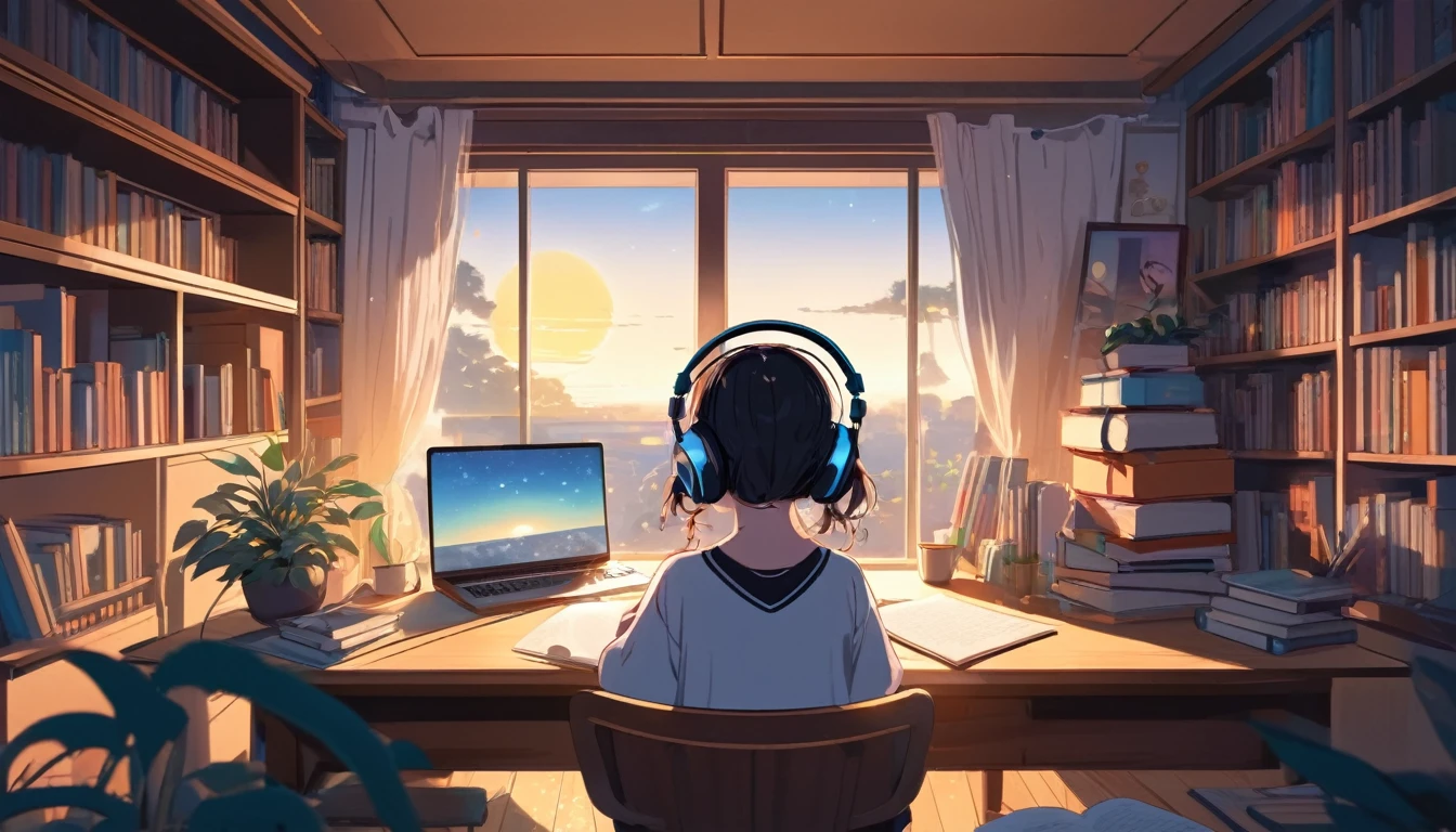 A woman studying with headphones on、, Wide-angle lens, Lofi Anime, Lofi illustration, Aesthetic atmosphere, Lo-Fi Style, Vector art, Flat Design, Simple shape, Warm tones, Pleasant atmosphere, Chill, In anime style, Digital drawing, Vector art, Vector logo for t-shirt printing, (Adorable:1.5), (small:1.4), (Playful:1.2), (soft:1.3), (Whimsical:1.1), masterpiece, Highest quality, 8K, Intricate details, grow, Celestial, Mysterious, Picturesque, amazing, Majestic, Magic, Fantasy art, Cover art, dream-like