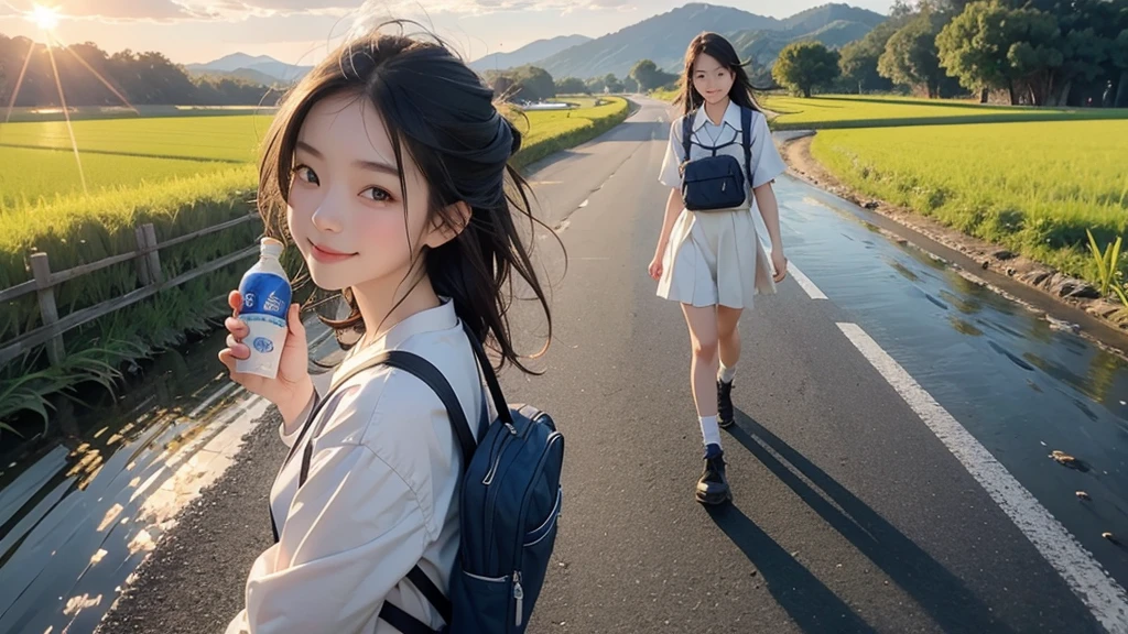 8K、RAW Photos、Highest quality、Super detailed、Super Resolution、Ultra HD、8K壁紙、Amazing details summer、evening、sunset、A rural road lined with rice fields、Paved roads、Woman walking on a country road、16 year old school girl in uniform、Drink water、School bag、Blue sky、Shining Sun、Water bottle、smile