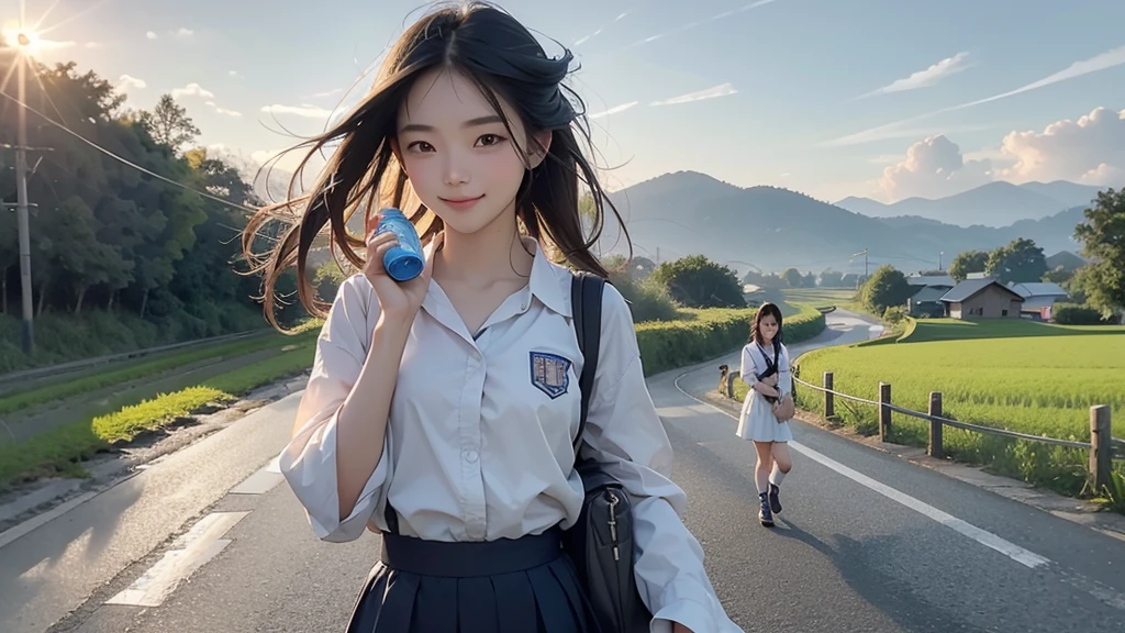 8K、RAW Photos、Highest quality、Super detailed、Super Resolution、Ultra HD、8K壁紙、Amazing details summer、evening、sunset、A rural road lined with rice fields、Paved roads、Woman walking on a country road、16 year old school girl in uniform、Drink water、School bag、Blue sky、Shining Sun、Water bottle、smile