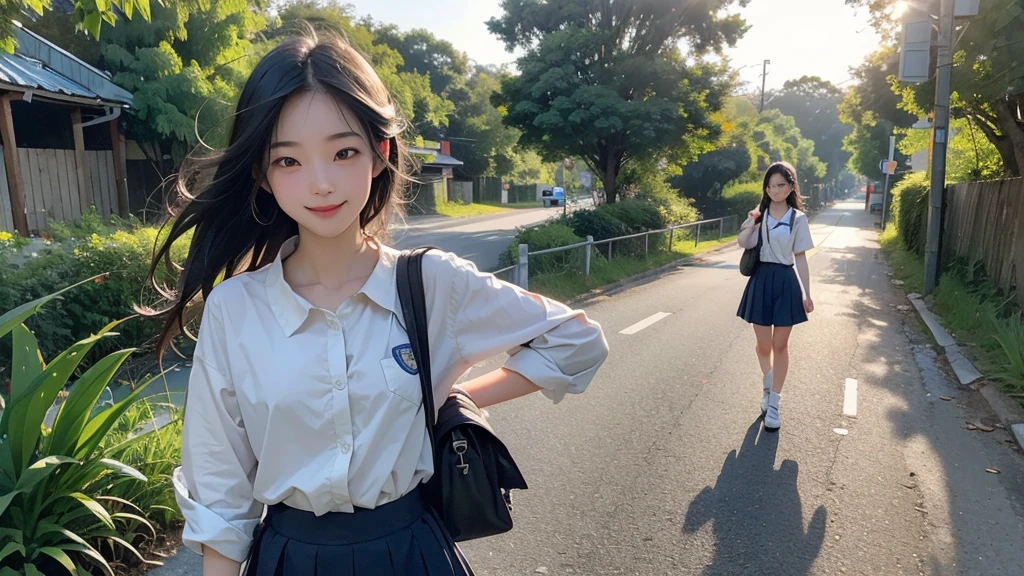 8K、RAW Photos、Highest quality、Super detailed、Super Resolution、Ultra HD、8K壁紙、Amazing details summer、evening、sunset、A rural road lined with rice fields、Paved roads、Woman walking on a country road、16 year old school girl in uniform、Drink water、School bag、Blue sky、Shining Sun、Water bottle、smile