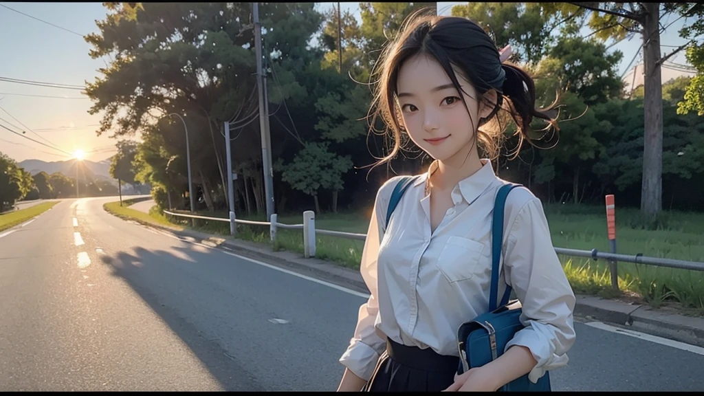 8K、RAW Photos、Highest quality、Super detailed、Super Resolution、Ultra HD、8K壁紙、Amazing details summer、evening、sunset、A rural road lined with rice fields、Paved roads、Woman walking on a country road、 old school girl in uniform、Drink water、School bag、Blue sky、Shining Sun、Water bottle、smile