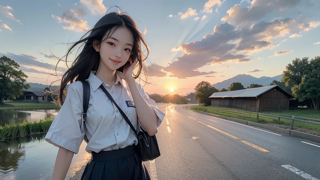 8K、RAW Photos、Highest quality、Super detailed、Super Resolution、Ultra HD、8K壁紙、Amazing details summer、evening、sunset、A rural road lined with rice fields、Paved roads、Woman walking on a country road、16 year old school girl in uniform、Drink water、School bag、Blue sky、Shining Sun、Water bottle、smile
