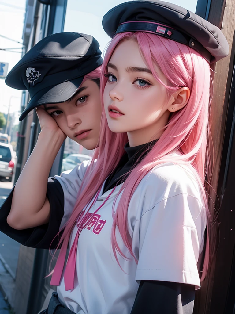 Handsome、high school student、Pink Hair、navy blue cap
