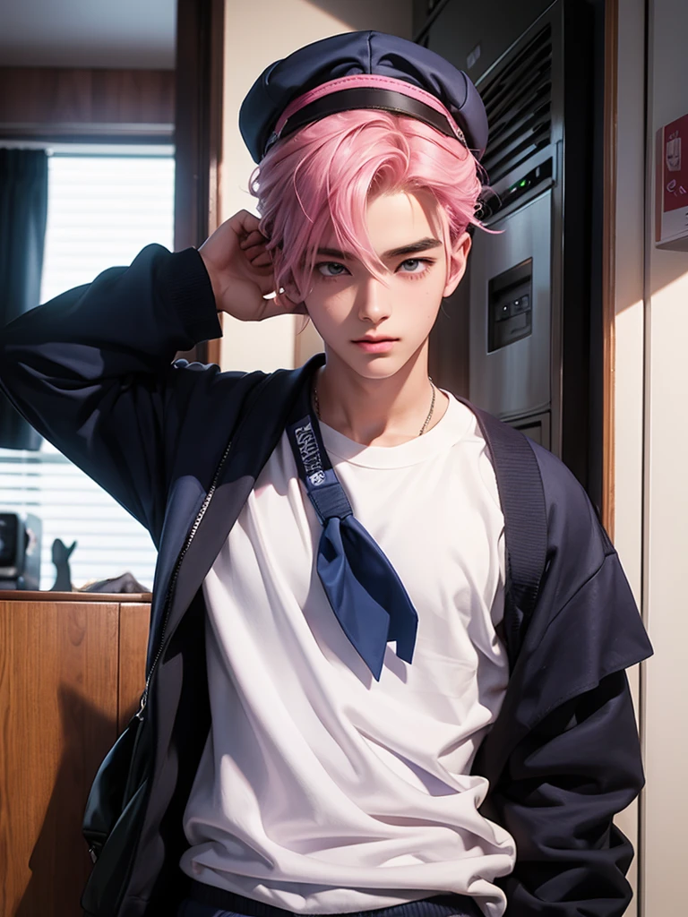 Handsome、high school student、Pink Hair、navy blue cap