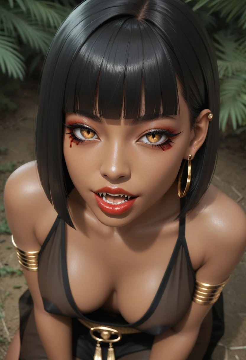 score_9, score_8_up, score_7_up, score_6_up, 1girl, solo, jewelry, rating: safe, brown_eyes, black_hair, lips, makeup, armlet, breasts, egyptian, egyptian_clothes, dark_skin, nose, earrings, gold, lipstick, cleavage, realistic, looking_at_viewer, medium_breasts, open_mouth, oral_invitation, piercing, gyaru, blunt_bangs, bangs, bob_cut, vampire, long_fangs, (from_above:1.3), downblouse, dark, silk, see-through, (blood_from_mouth:1.2), black_robe, blood, sharp_teeth, moonlight, forest, (blood_on_face:1.2)